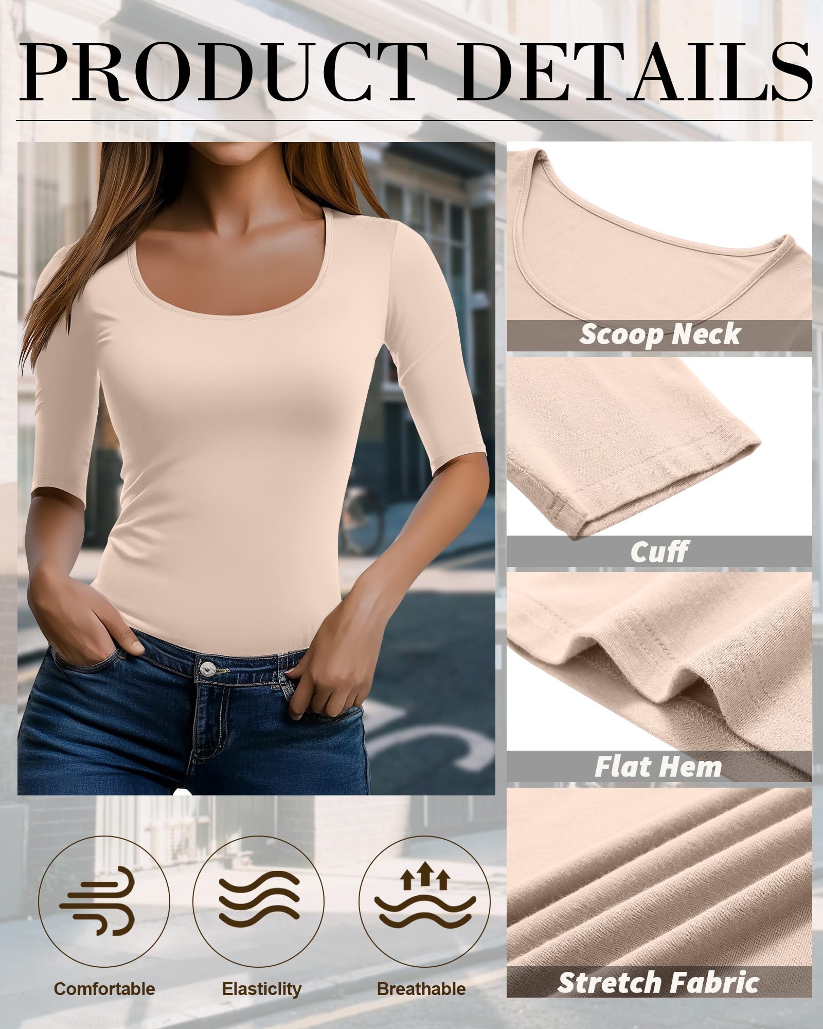 Neer Lot de 3 Tops Femme Grand Col Rond Manches Mi-Longues Élastiques Mélange Coton Slim Fit Basique Été | T-shirts ajustés, chemises à manches 1/2, t-shirts décontractés serrés, manches coudes, couches, mélange de coton, extensible