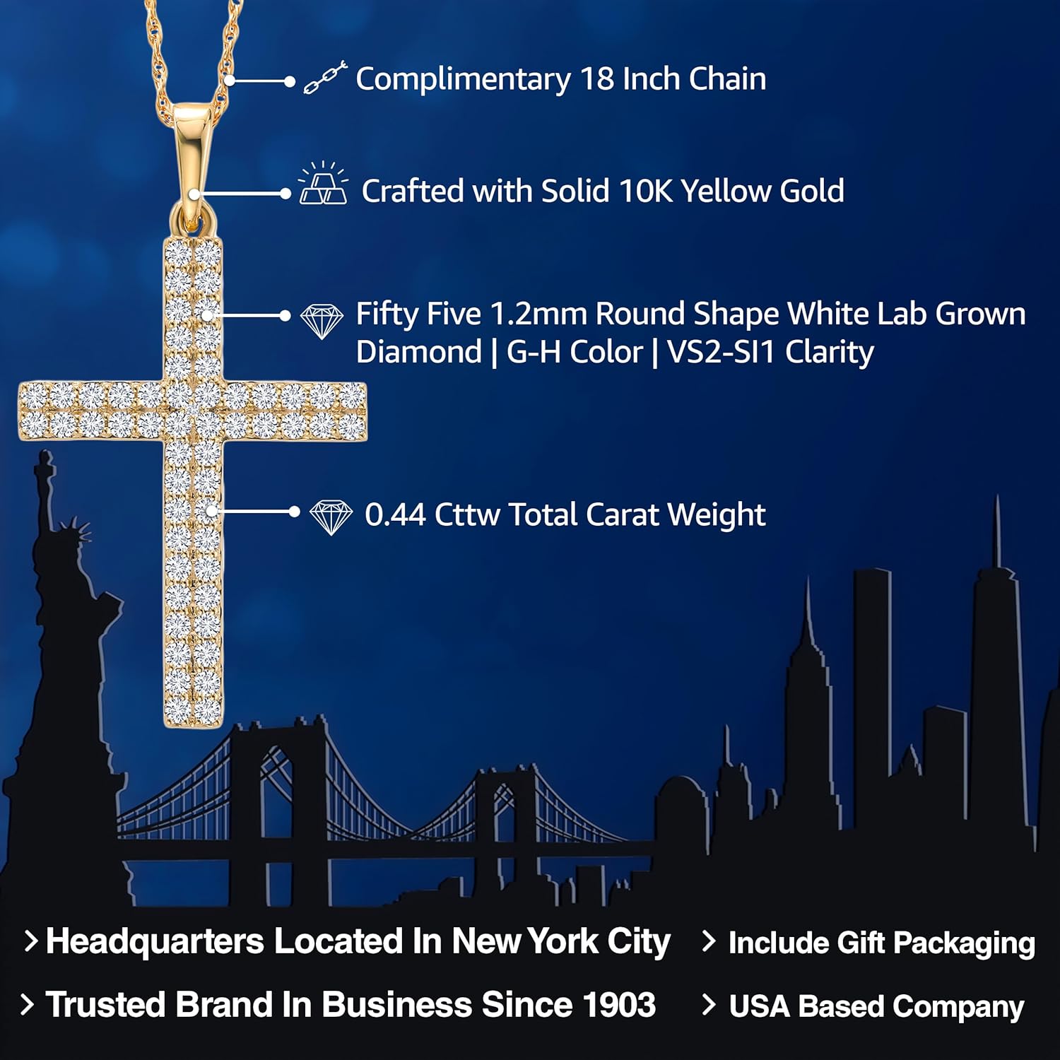 Gem Stone King 10K Yellow Gold White Lab Grown Diamond 2 Line Cross Crucifix Pendant Necklace For Women | 0.44 Cttw | G-H Color | 55 Diamonds | 1 inch | With 18 Inch Chain