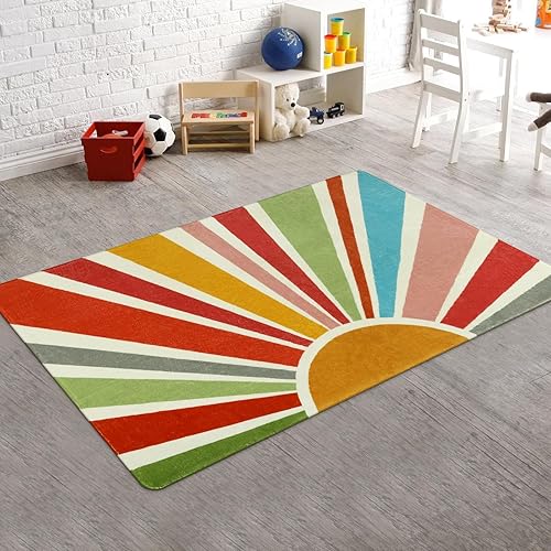 Miniatura 7 de STARUIA Alfombra bohemia lavable de 3 x 5 pies para sala de juegos, alfombras coloridas para niños, para dormitorio, alfombra de sol, suave,