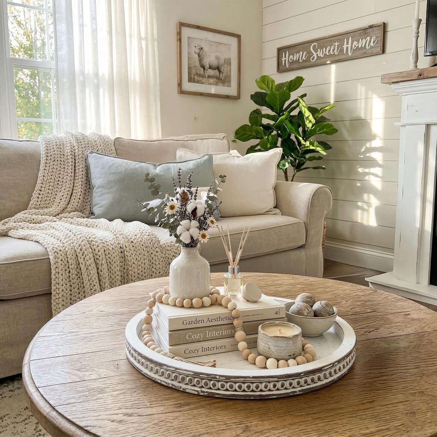 Farmhouse Round Wooden Beaded Tray 12" White Washed Wooden Decorative Tray Round Rustic Wood Decorative Coffee Table Trays for Home Living Room Kitchen Counter
