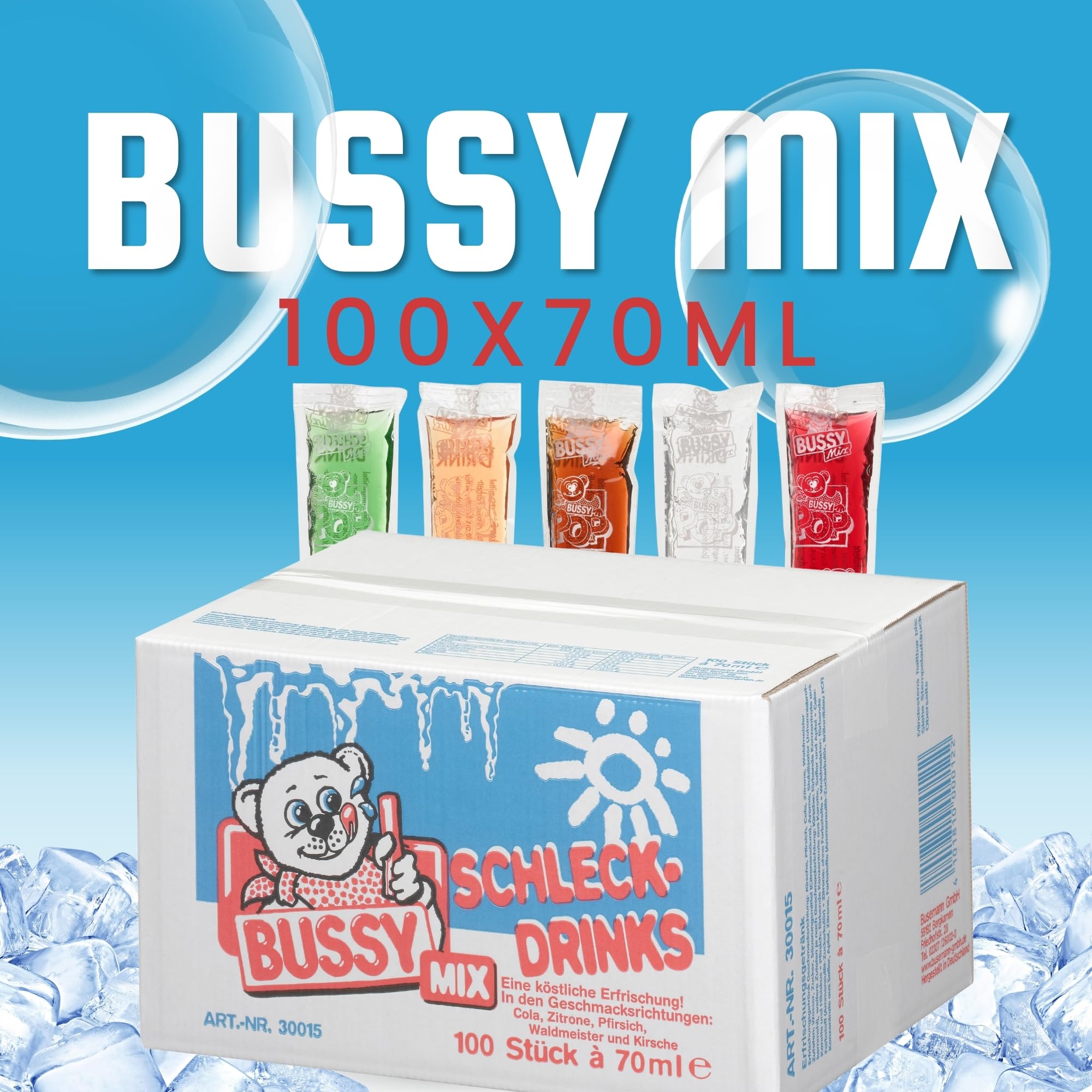 Bussy Mix 100x 70ml Schleck-Drinks Wassereis zum Einfrieren verschiedene Sorten Party Eis für Kinder Sommer