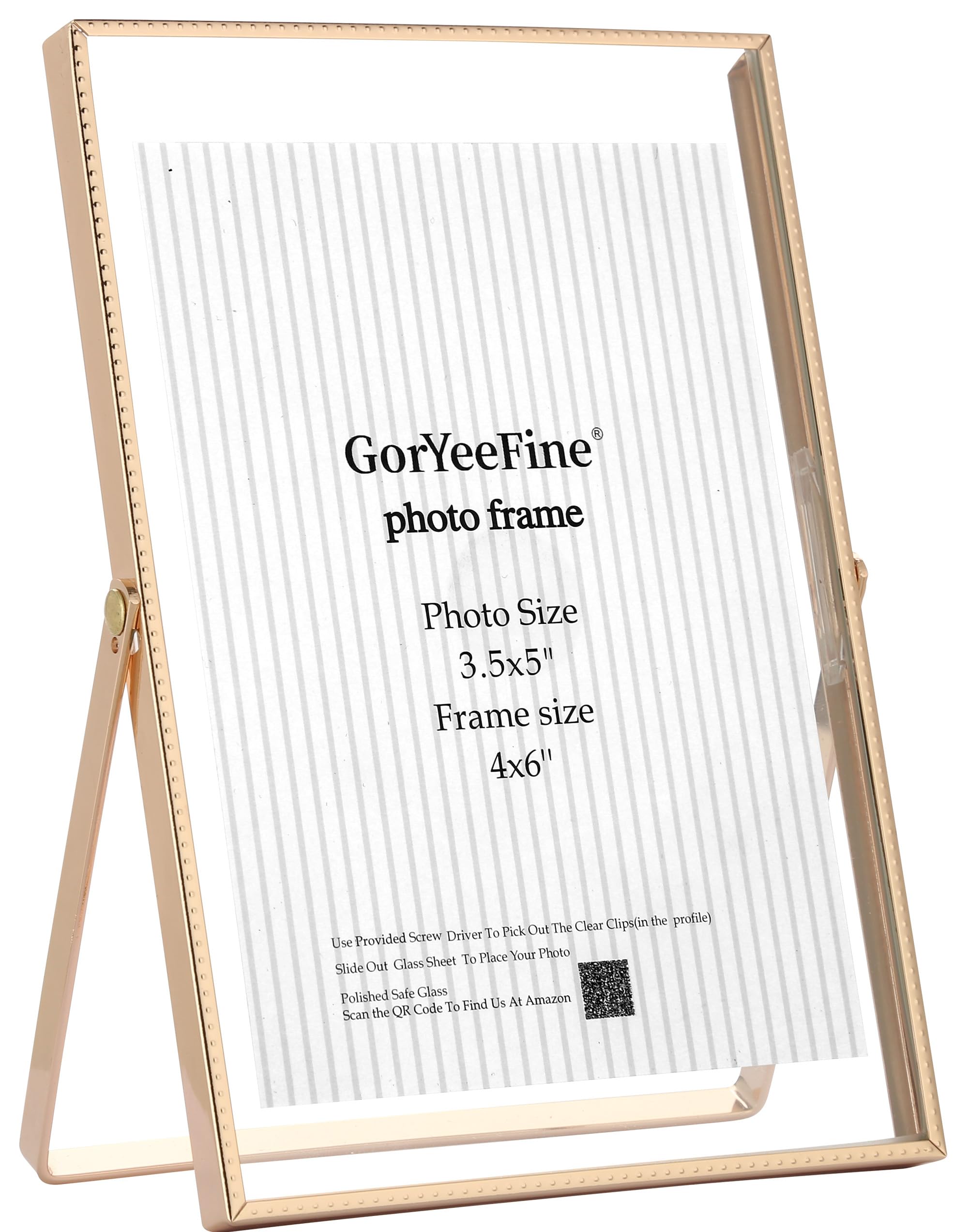 Gold 4x6'' Floating Picture Frame,for Photo Sizes(3.5x5'' or 2x3''),Beautiful Metal Beaded Edge Frames Adjustable Tabletop/Shelf Photo Frame,Classy Gift Choice for Wedding,Birthday or Christmas Gift