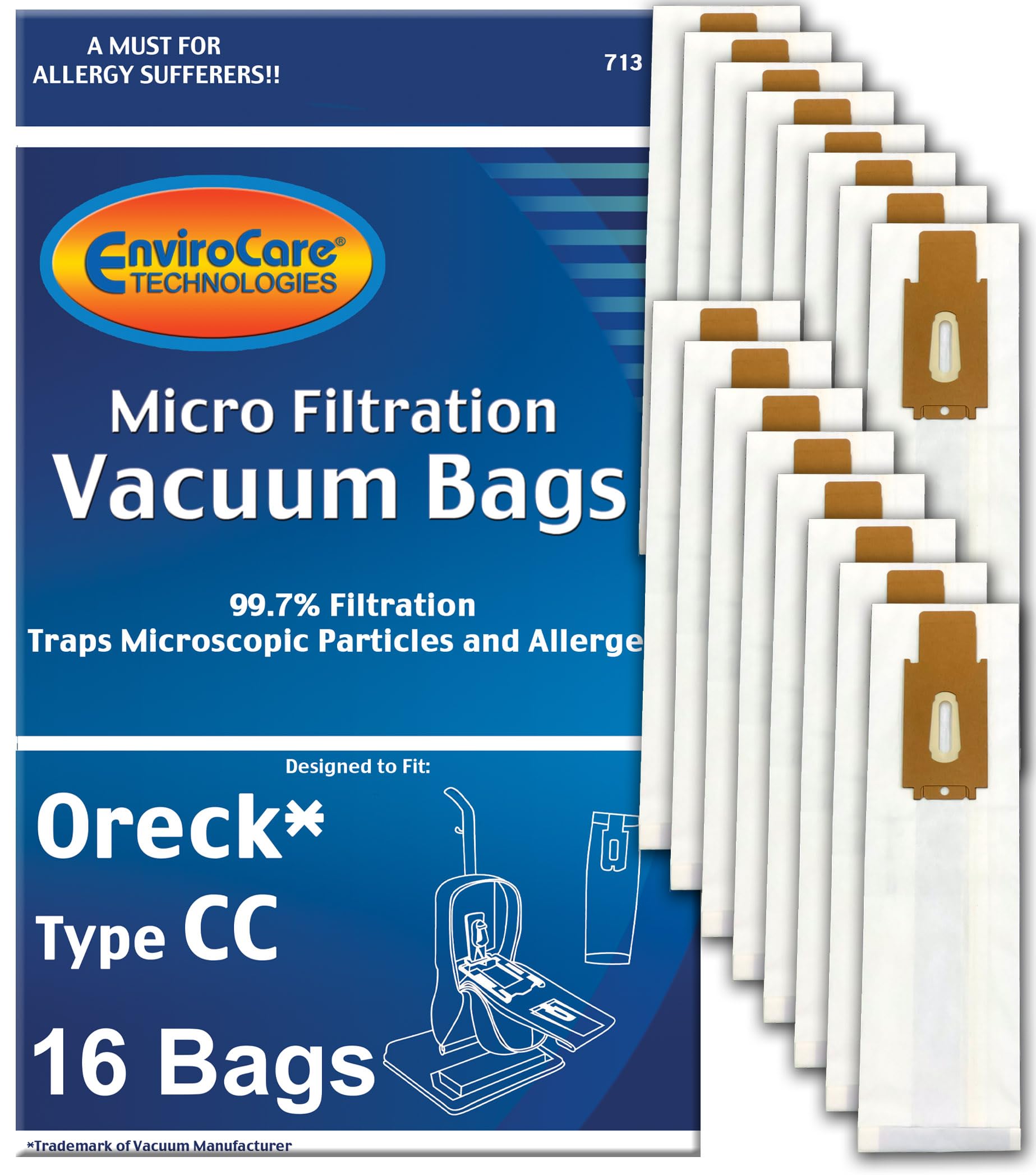 EnviroCare Replacement Micro Filtration Dust Bags for Oreck Type CC, XL. Fits All XL7, XL21, 2000's, 3000's, 4000's, 8000's, 9000's Series Model Upright Vacuum Cleaners 16 Pac, Paper, White