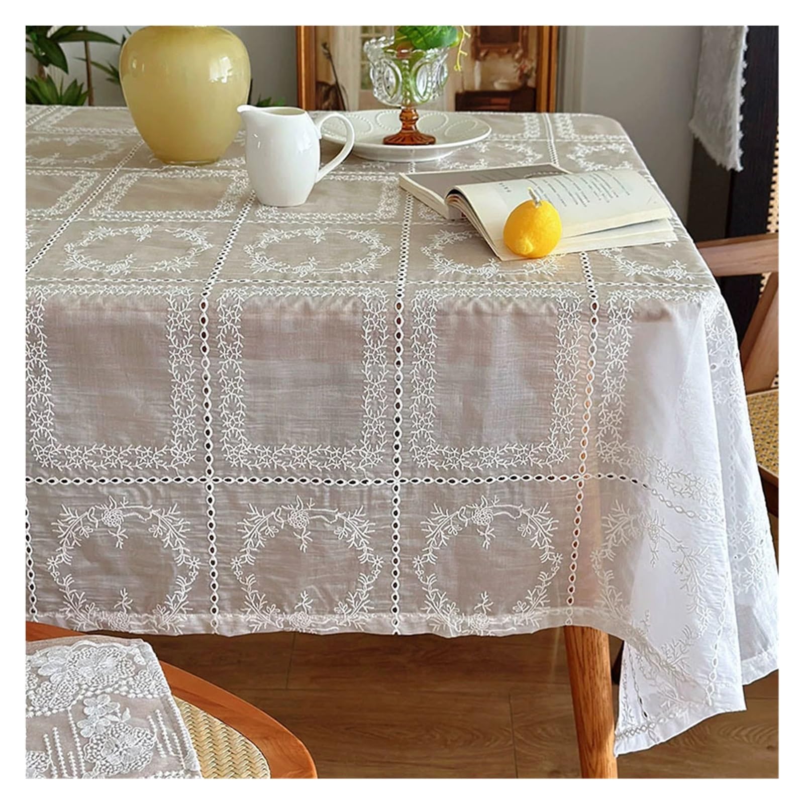 NJIEzhao Embroidered Lace Tablecloth 1Piece Romantic Retro Court Style White Lace Embroidered Tablecloth Rectangular Coffee Table(130 x 130cm)