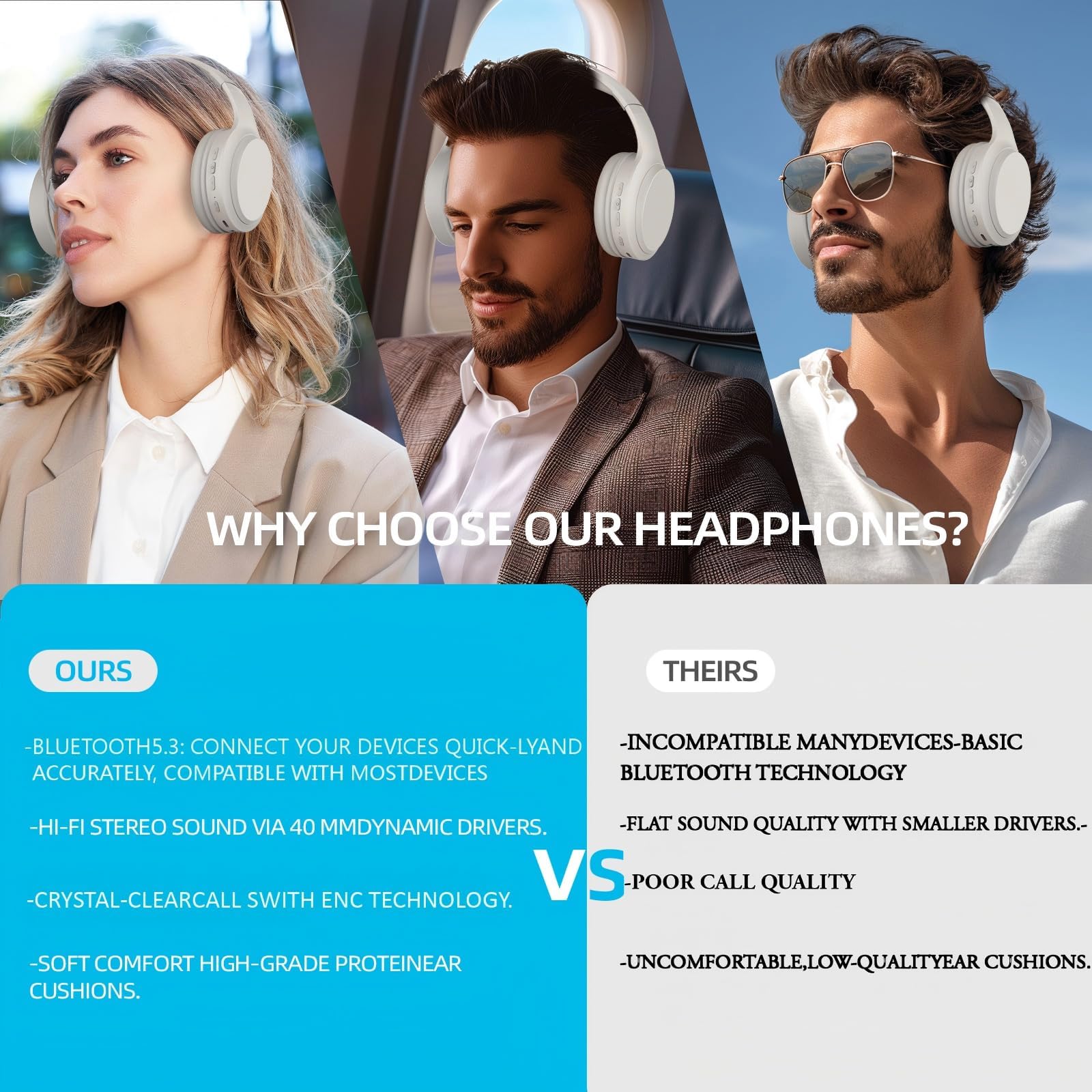 5.3 Casque sans fil Bluetooth avec microphone intégré, autonomie de 82 heures, prise en charge de l'audio haute résolution, coussinets confortables, pliables et respirants, compatible avec les télépho