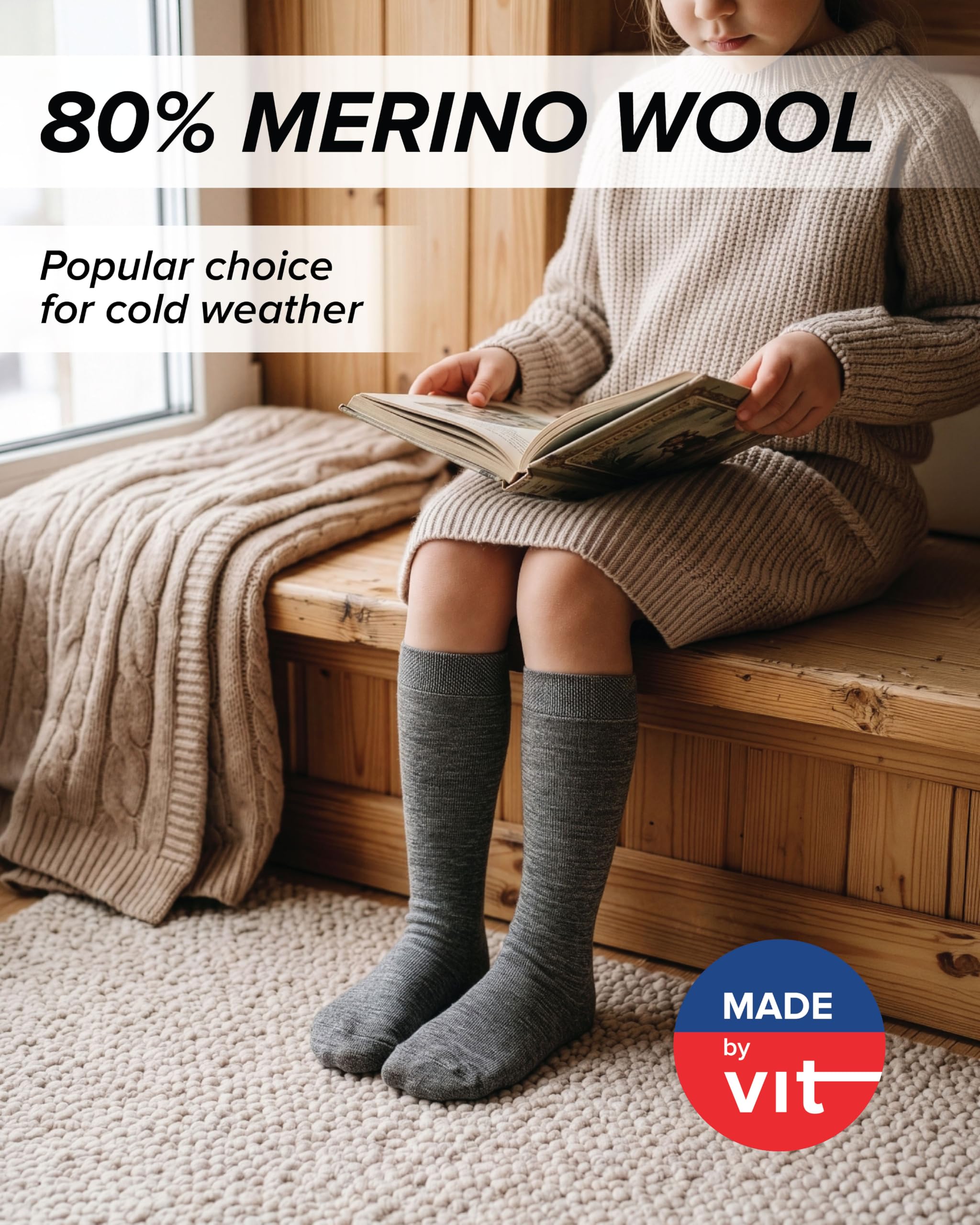 VITSOCKS Podkolanówki Zimowe Ciepłe WEŁNA MERINO Dziecięce (2 PARY) Wysokie do Kolan