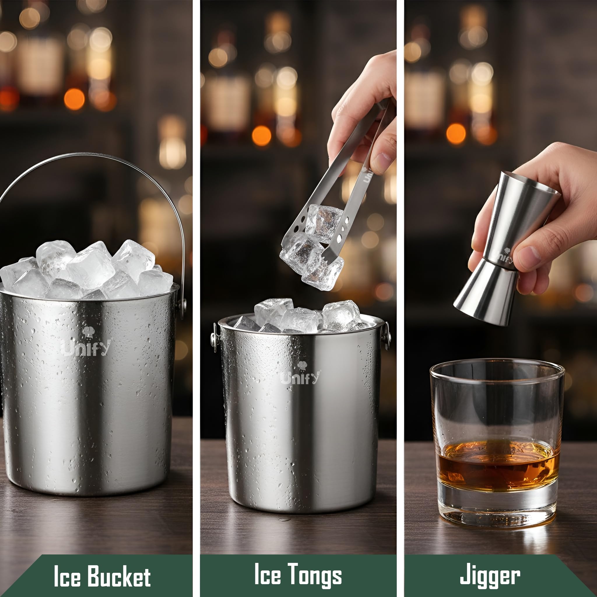 Unify 3 Pieces Stainless Steel Double Wall Ice Bucket Set (1 Litre) with Lid, Ice Tongs & 30/60 ml Peg Measurer | Insulated Ice Bucket for Home Bar, Parties & Cocktails, Bar Accessories — Amazon image 8
