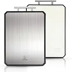 DOMEZ Tábua de Corte Inox Premium 2 em 1 para Cozinha, Durabilidade Superior e Sofisticação em Cada Detalhe. Dupla Face Ideal para Carnes, Frutas e Vegetais. Design Minimalista para Tábua de Frios.
