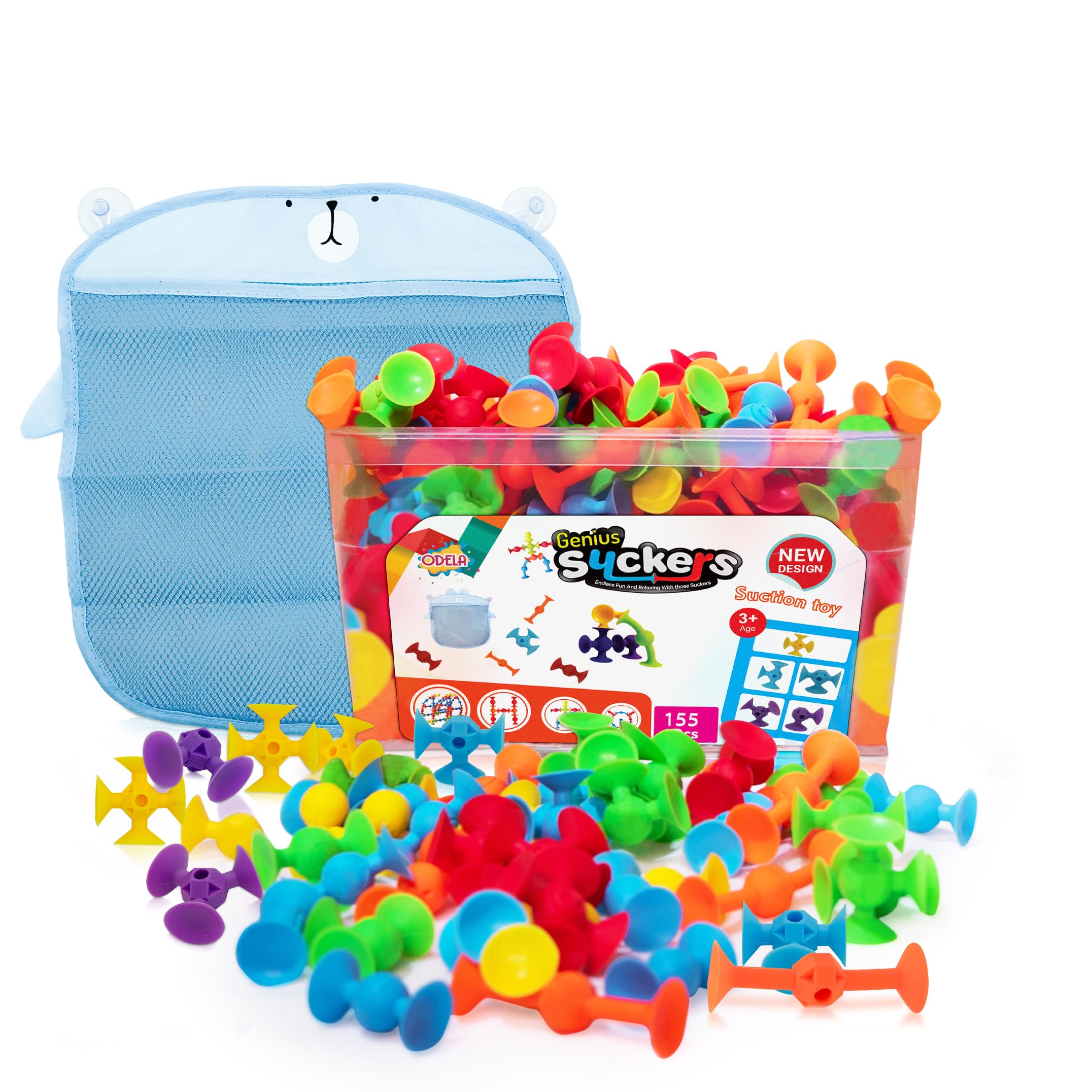 ODELA Genius Suckers 155Pcs Suction Toy Kids Sensory Toys - Baby Toy Suckers Building Toys - STEM Development Sucker Toys for Kids - Colorful Suction Toy for 3 Year Olds - Interactive Bath Toy Set
