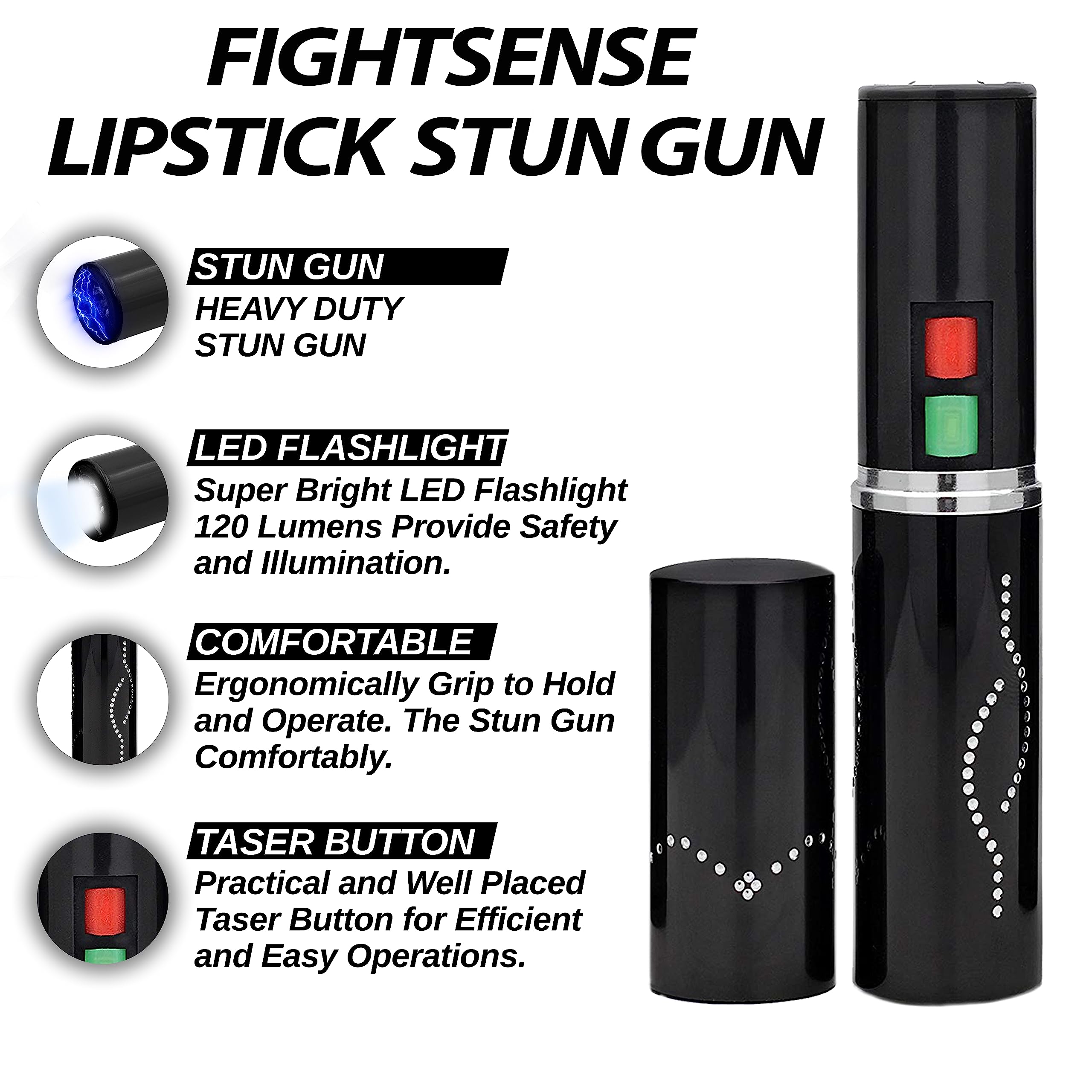 FIGHTSENSE Women Self Defense Kit Pepper Spray and Self Defense Lipstick Flashlight, Rechargeable Battery, Keychain Leather Pouch (Black)