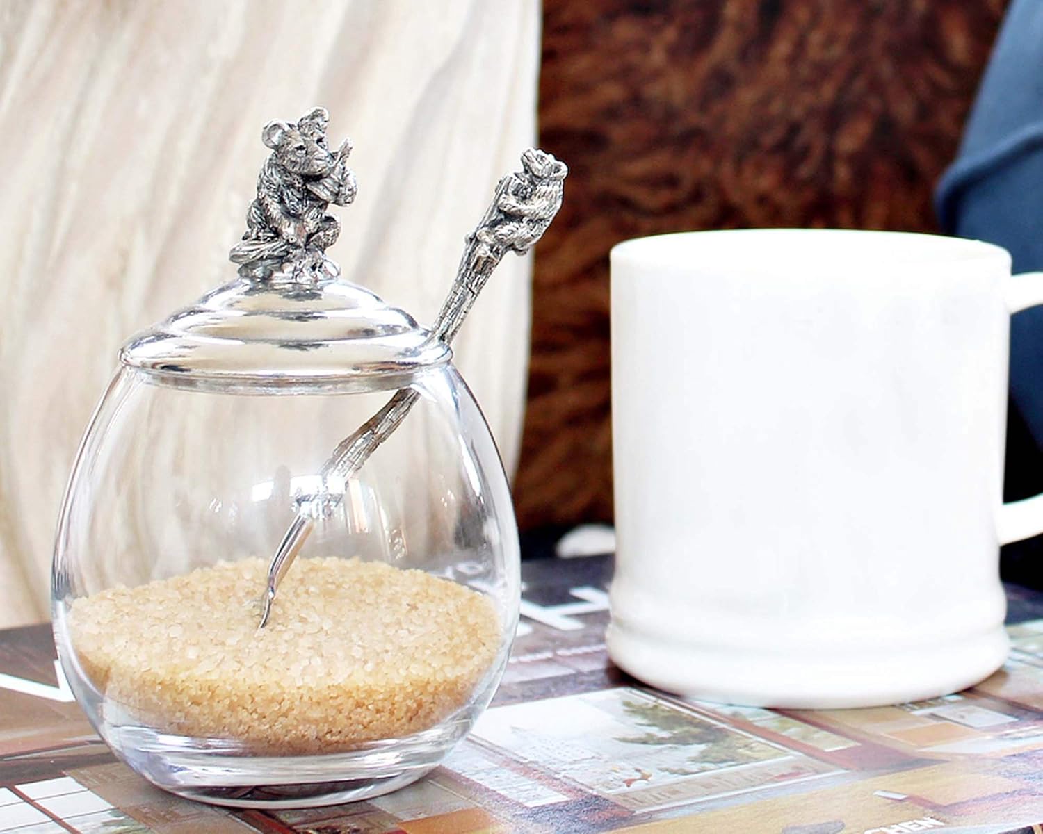 Vagabond House Pewter Little Bear Glass Honey Pot Sugar Bowl Jam Jelly Jar 5 inch Tall 12 oz