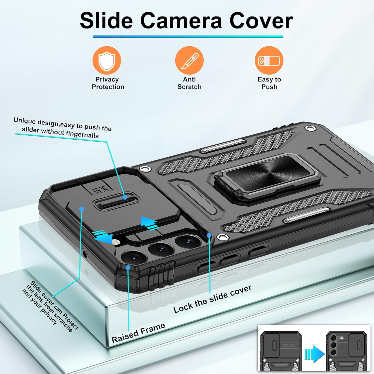 Gritup for Samsung Galaxy S22 Plus Case with 2-Pack HD Screen Protectors and Slide Camera Cover，12 FT Military Grade Drop Protection，Magnetic Ring Holder Kickstand Protective Phone Case,Black - Image 4