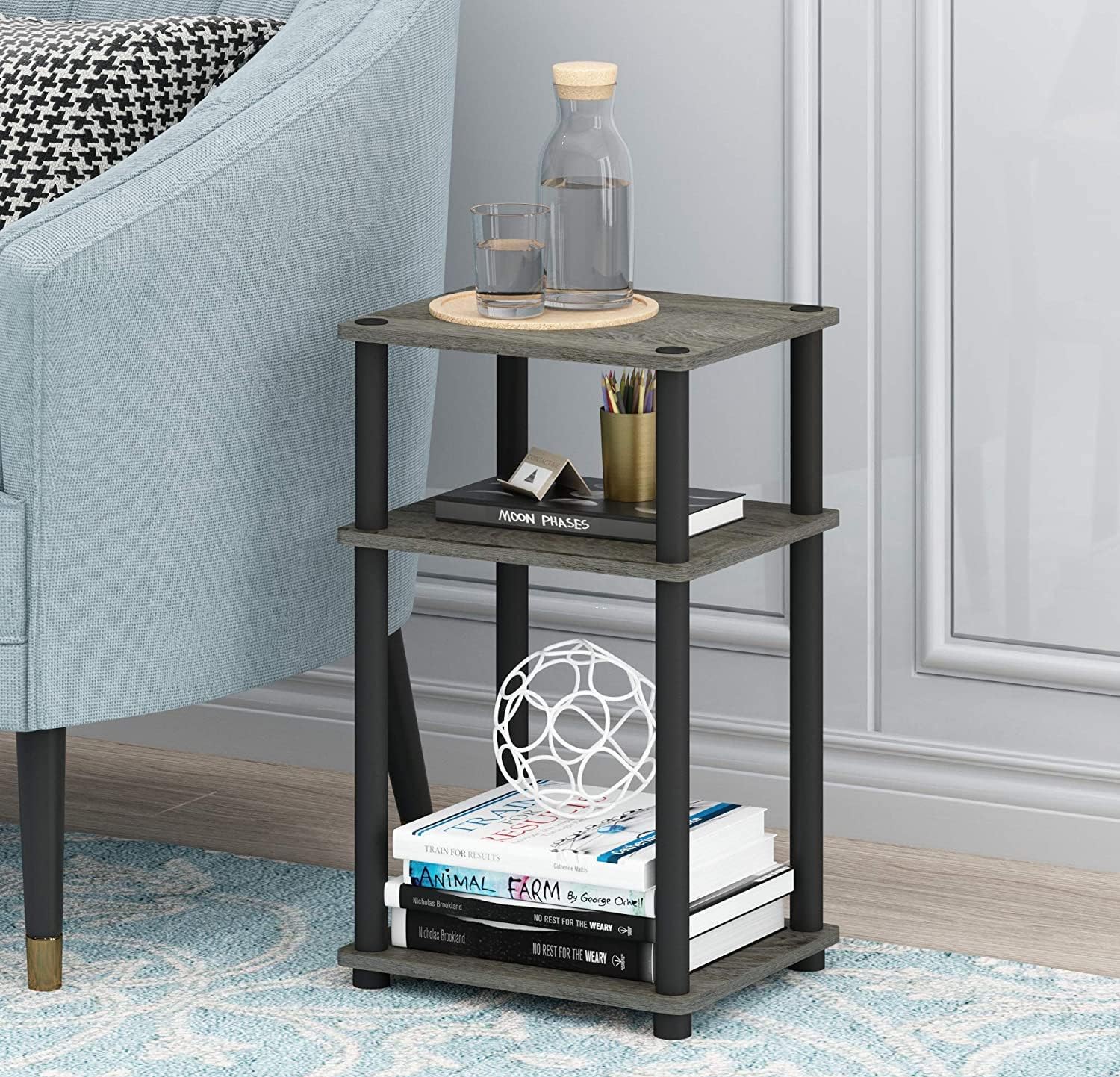 JD FRESH 3 Tier Wooden End Table with Modern Metal/Open Storage Shelf/Multi-Purpose Display & Storage Shelf/Stylish, Sturdy & Space-Saving Side Table for Living Room, Bedroom (Cambridge, Walnut)-image-4