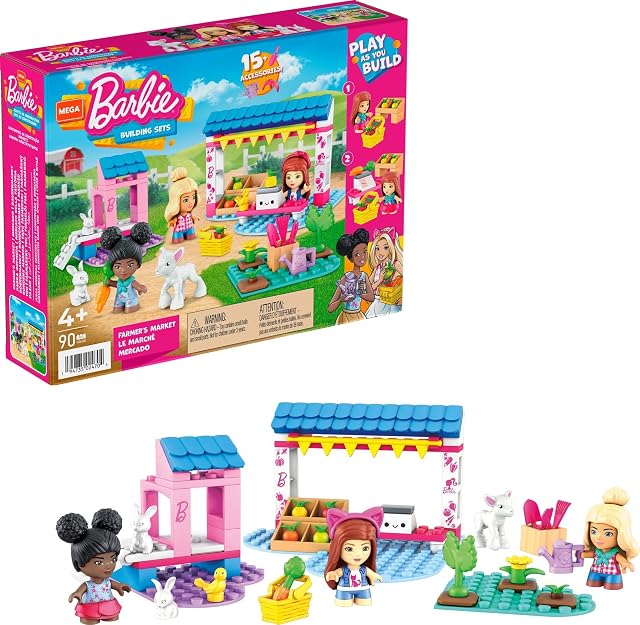 MEGA Barbie Farmer's Market Building Set - 80 Building Blocks - 3 Micro-Dolls - 6 Fashion Items - 4 Animal Figures - Garden Props - Gift For Kids 4+ - HDJ85