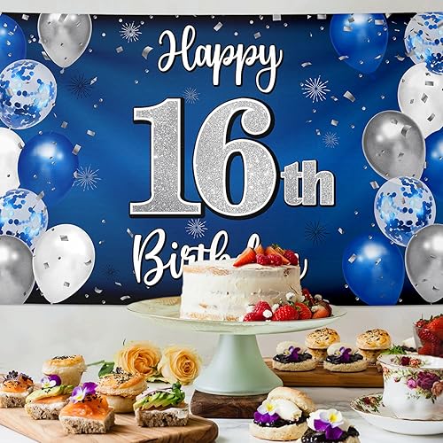 Miniatura 4 de Decoraciones de feliz cumpleaños número 16, globo azul y plateado grande cartel de fondo de cumpleaños de 16 años, suministros para fiesta de