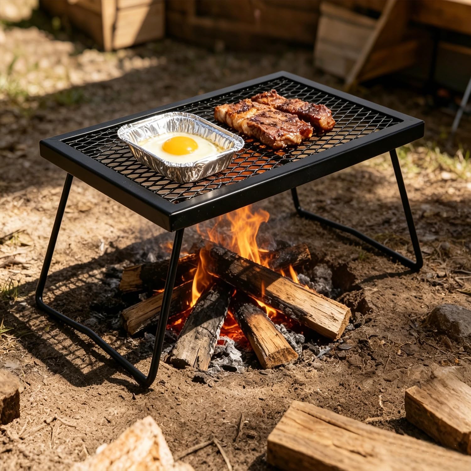 REDCAMP Folding Campfire Grill Heavy Duty Steel Grate, Portable Camp Fire Cooking Racks for Over Fire Pit