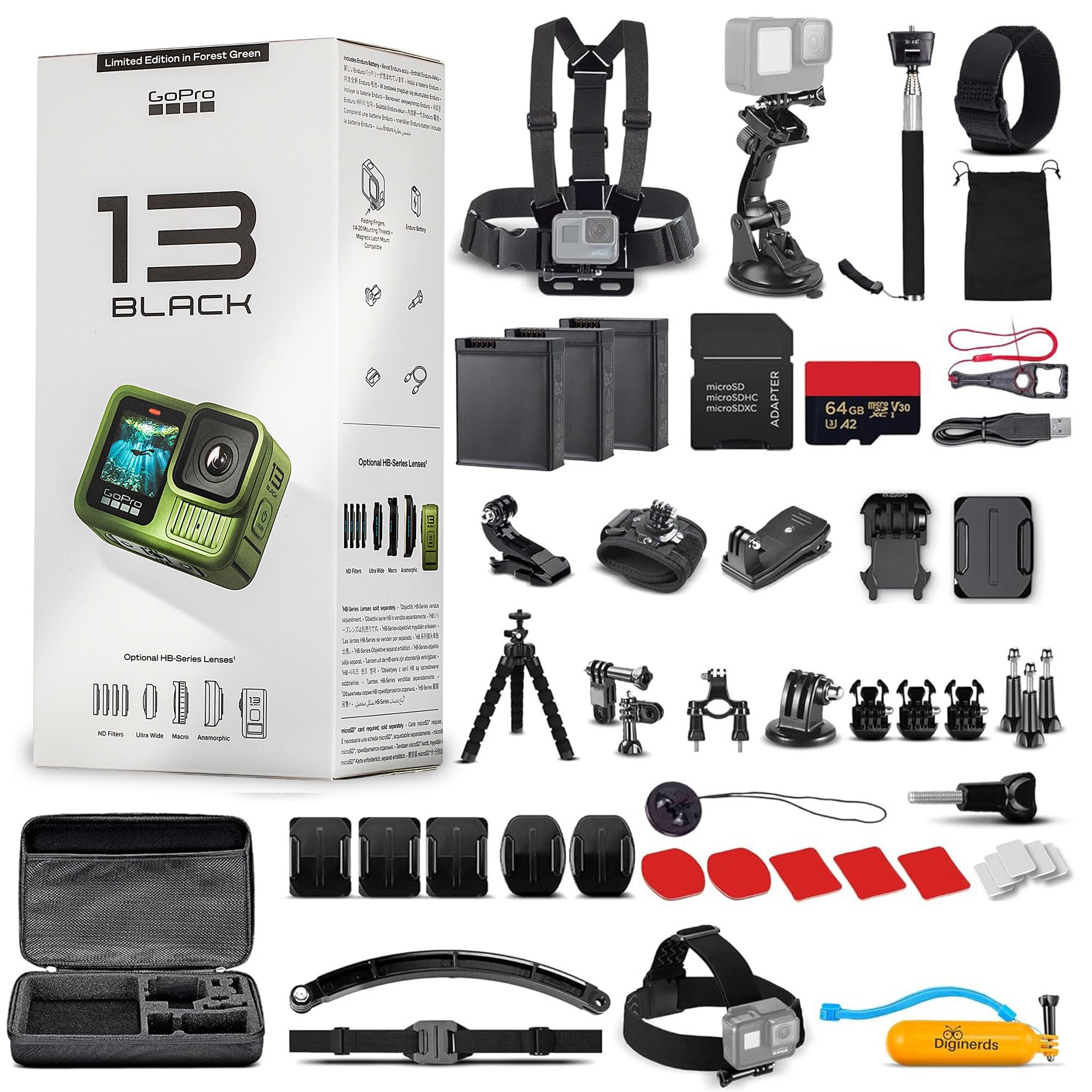 GoPro HERO13 (Hero 13) in Forest Green - with 50 Piece Accessory Kit and 2 Extra Batteries + 64GB Card - Waterproof Action Camera - 5.3K HDR, 27MP