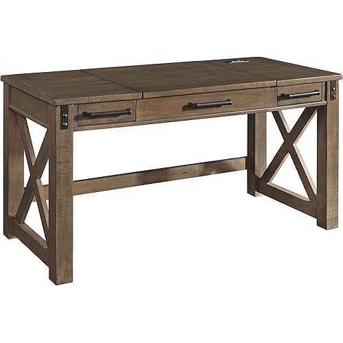 Signature Design by Ashley Aldwin Rustic Farmhouse 60" Home Office Lift Top Desk with Charging Ports, Distressed Gray