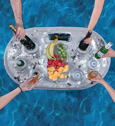 Miniatura 5 de POZA Hielera flotante inflable dorada  Lujoso soporte para bebidas relleno de confeti brillante, flotador de fiesta premium con 8 soportes, barra de