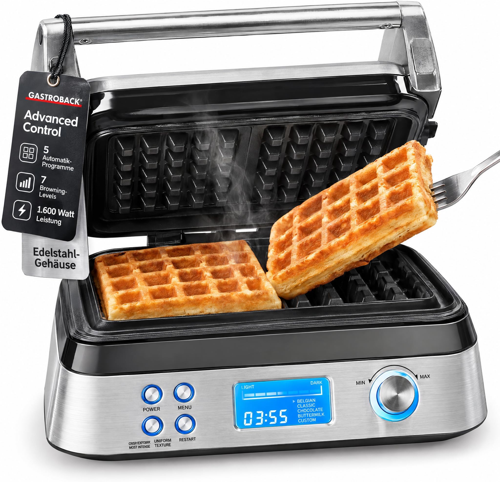 GASTROBACK Belgian Waffle Maker 1600W - Non Stick Belgian Waffle Iron with 5 Automatic Programs - 7 Adjustable Temperature Control Settings Double Waffle Maker - Deep Fill Waffles Machine
