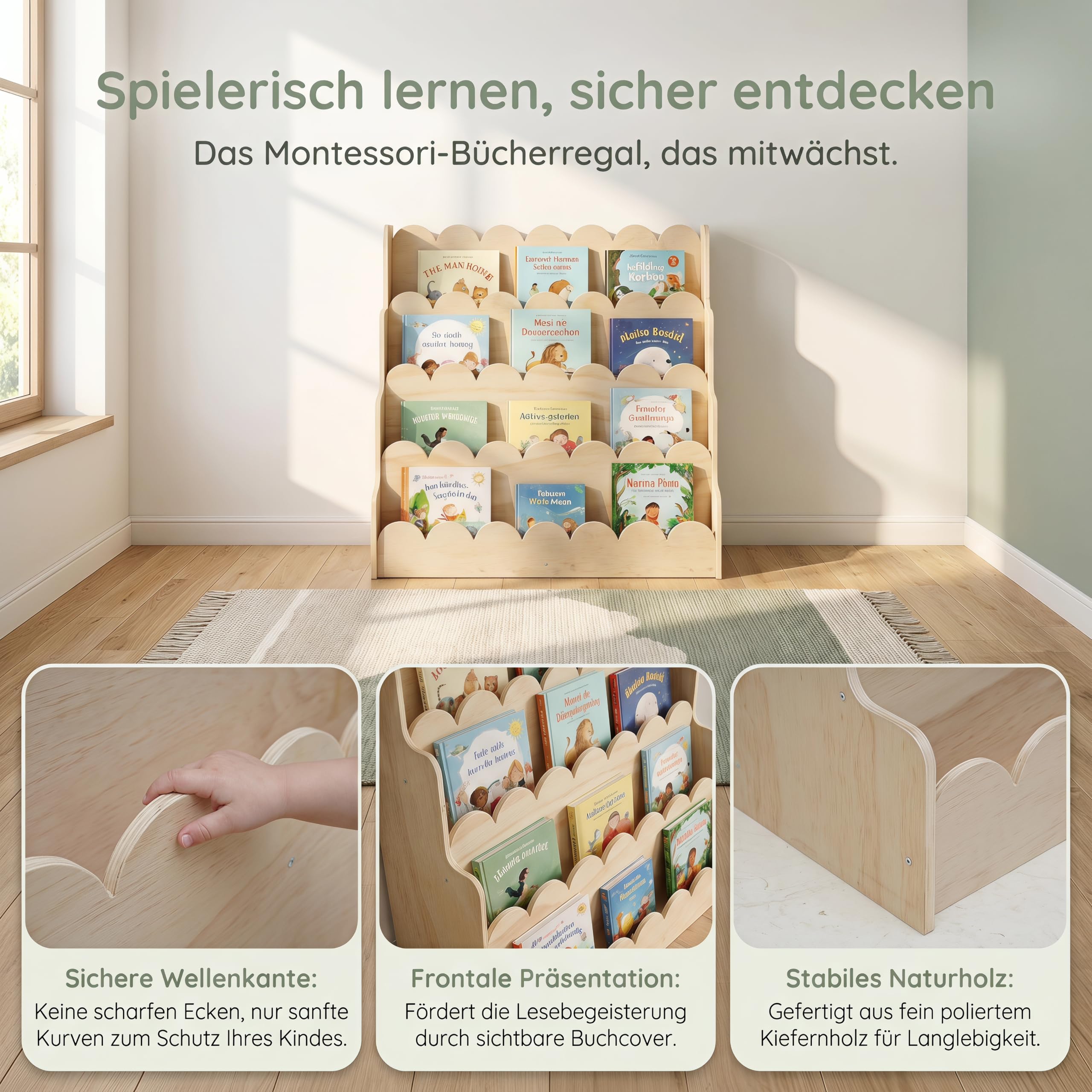 Kinderbuchregal aus Holz mit Wellenkanten, Frontal-Bücherregal mit 5 Ebenen