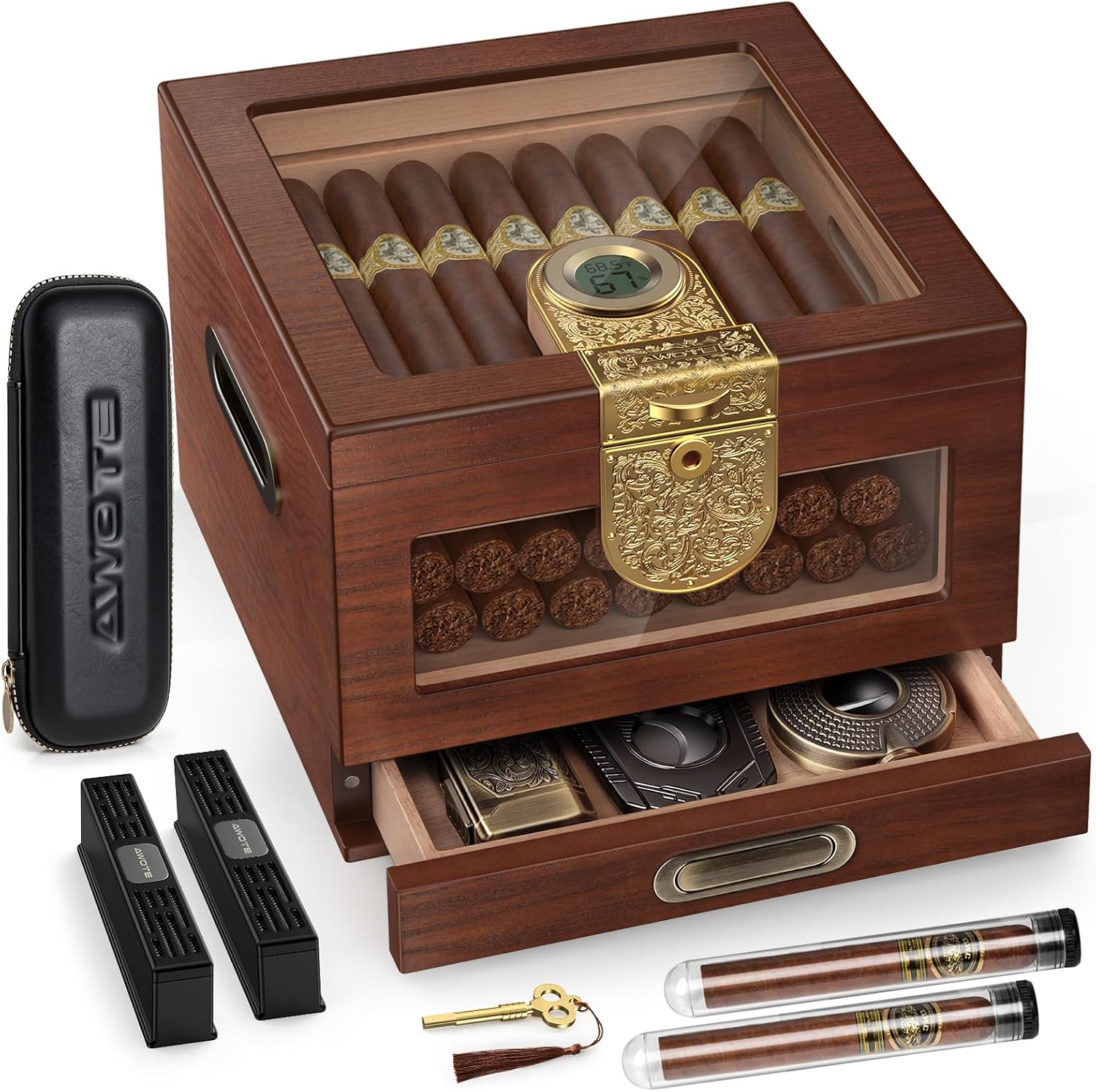 Cigar Humidor, Cedar Wood Humidor Cigar Box, Glass Top Desktop Humidor with Digital Hygrometer, 2 Humidifiers, Accessory Drawer, Portable Travel Cigar Case & Cigar Tubes, Cigar Gifts Set for Men