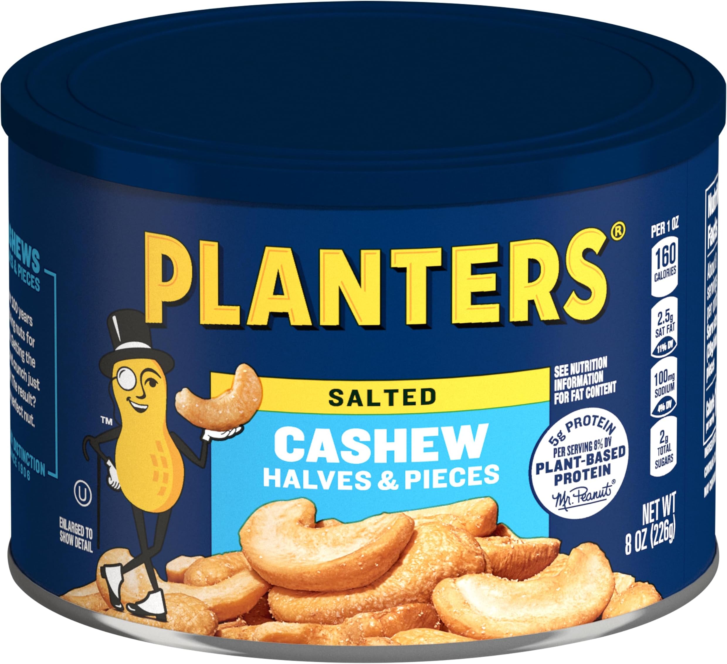 Salted Halves Cashews, Plant Based Protein, 8 Oz (1 Ct) | Roasted Cashews. Snacks for Adults. Resealable Canister. Plant Based Protein Snack. Pantry Staples