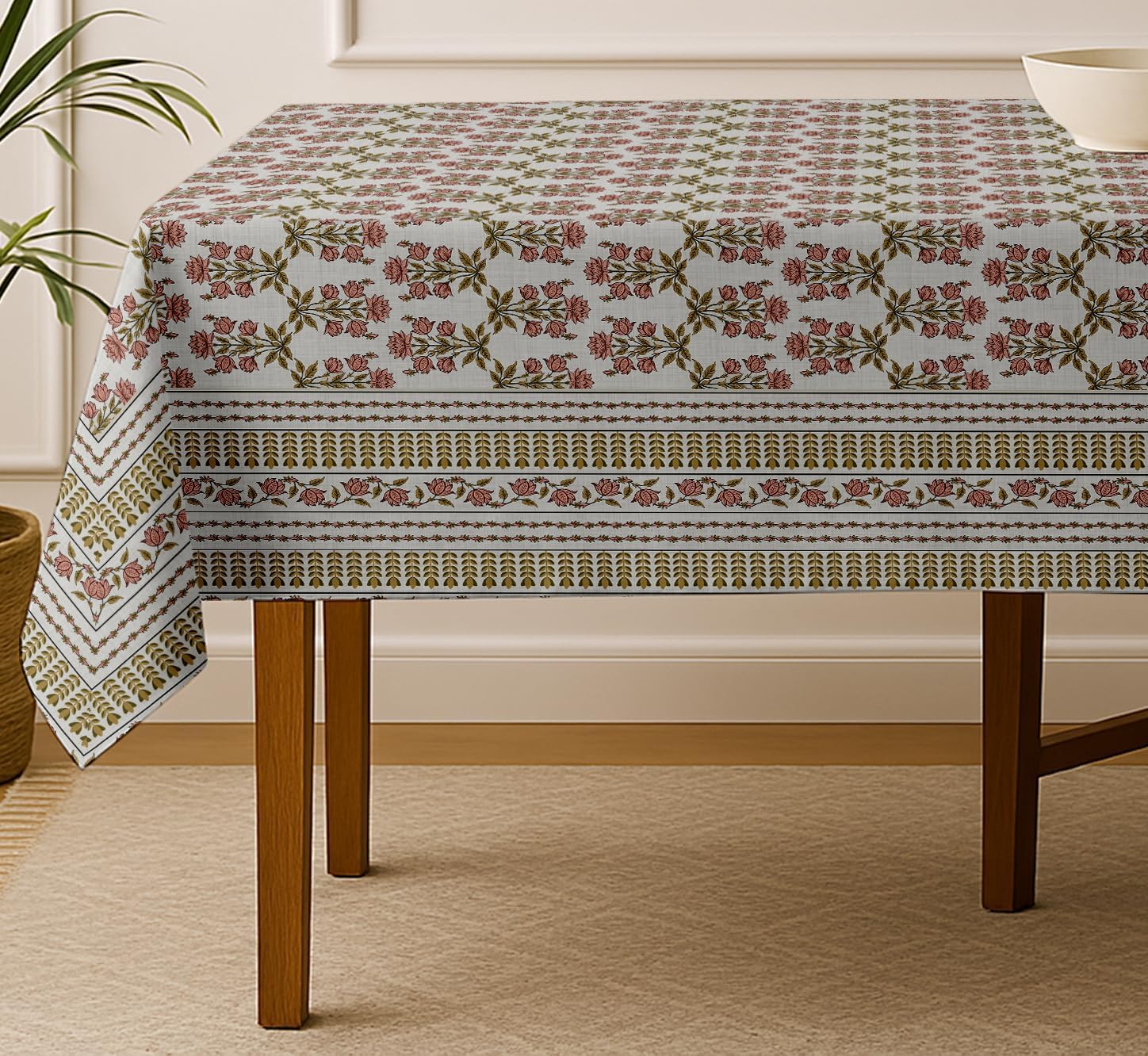 Block Print Tablecloth - Brown Cotton Twill Fabric, 54X54 Inch Square Dining Table Cover for 4 Seater, Durable, Machine Washable, Everyday Dining, Matching Napkins & Runners Available