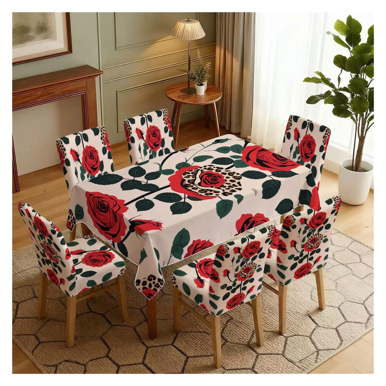 KXUAUV Red Rose & Leopard Print Tablecloth & Chair Covers Set, Slipcovers For Dining Room, Kitchen, Modern & Bold Decor, 5/7 Pack Party Decor(7pcs Set: Tablecloth+Chair Covers)