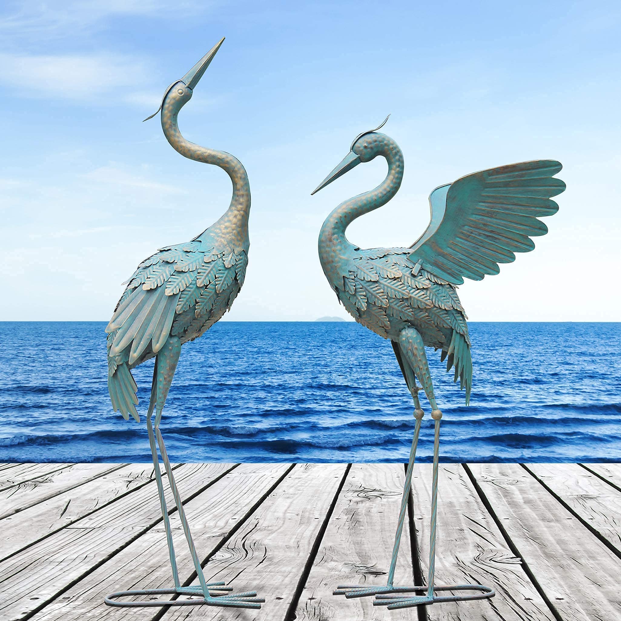 Kranich-Gartenstatue aus Metall, Vogel-Gartenfigur und Statue, Außendekoration für Hof, Terrasse, Rasen, Garten oder Pool, Vintage-Kranich mit ausgebreiteten Flügeln, 84–94 cm, 2er-Set