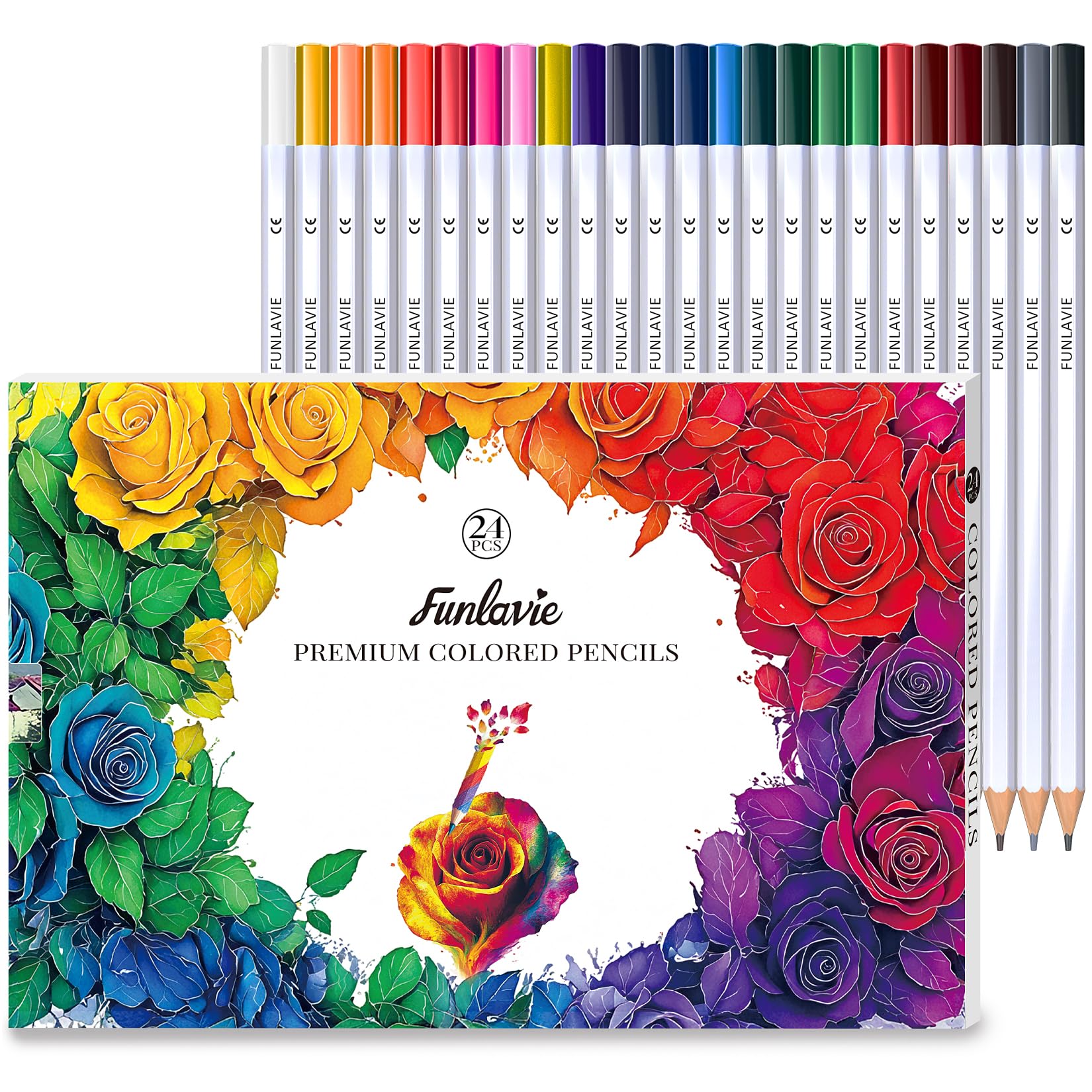 FUNLAVIE 24 Coloured Pencils for Adult Colouring Books,Drawing Pencils for sketching & Painting, Soft Core Oil-Based Coloring Pencil Set with Sharpener, Art Supplies for Artists