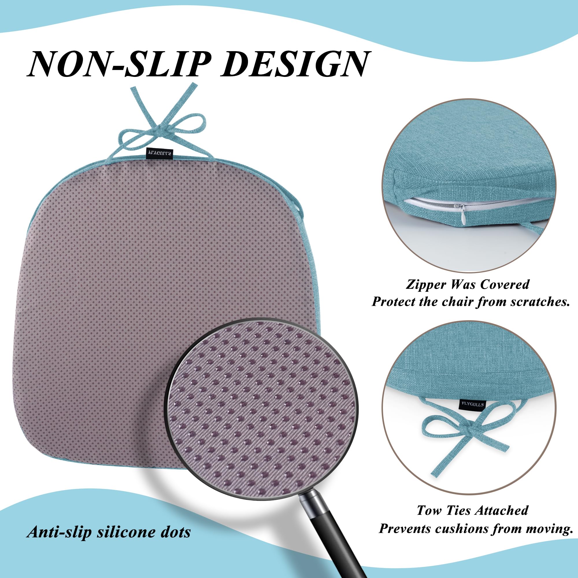 FlyGulls Dining Chair Cushions Set of 4 Non Slip Seat Cushions for Dining Chairs with Ties and Washable Covers Kitchen Seat Pads 35.5x35.5cm Light Blue - Image 4
