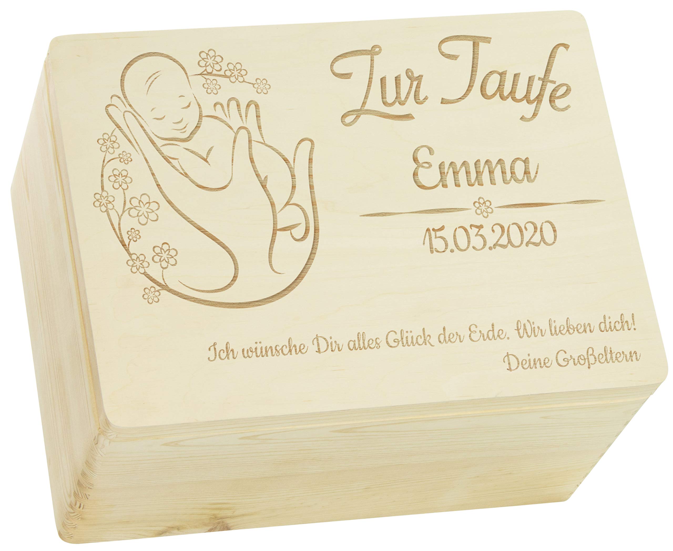 LAUBLUST Holzkiste mit Gravur - Personalisiert mit Name | Datum | WIDMUNG - Natur Größe XL - Blumenbaby Motiv - Geschenkkiste zur Taufe - FSC®