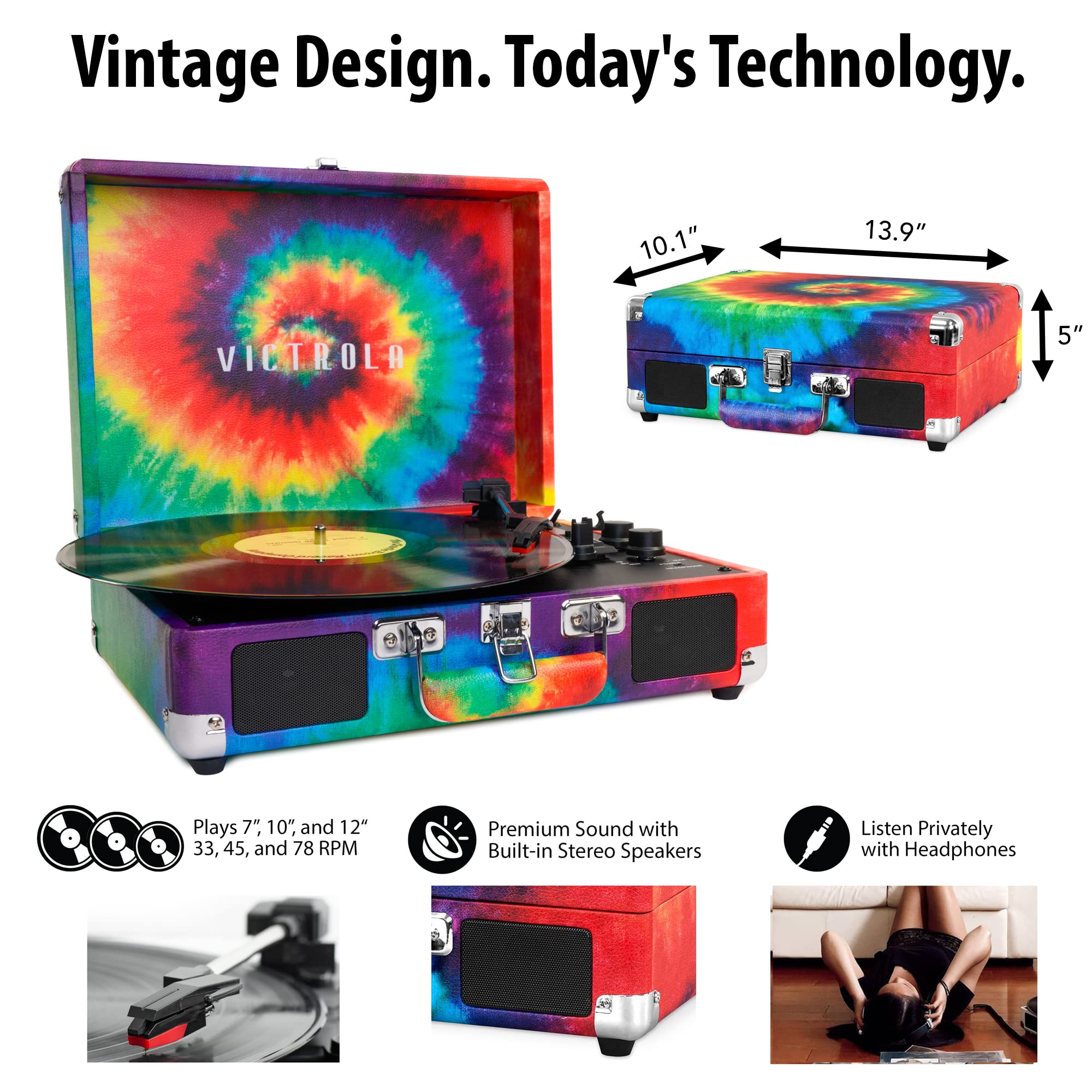 Victrola Vintage 3-Speed Bluetooth Portable Suitcase Record Player with Built-in Speakers | Upgraded Turntable Audio Sound| Includes Extra Stylus | Tie Dye, 1SFA (VSC-550BT-TDY)