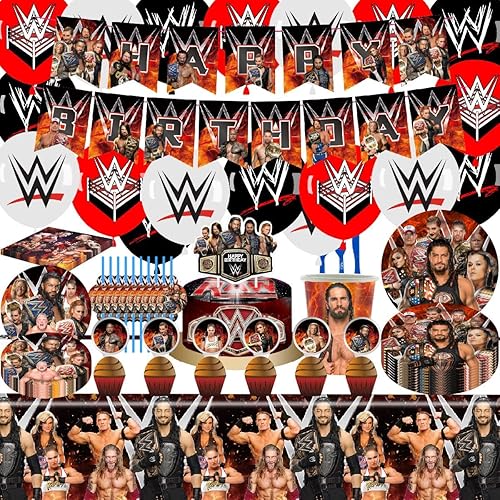 Suministros de fiesta de cumpleaños de lucha libre con pancarta de feliz cumpleaños, decoración de tartas, platos de globos y tazas, mantel para