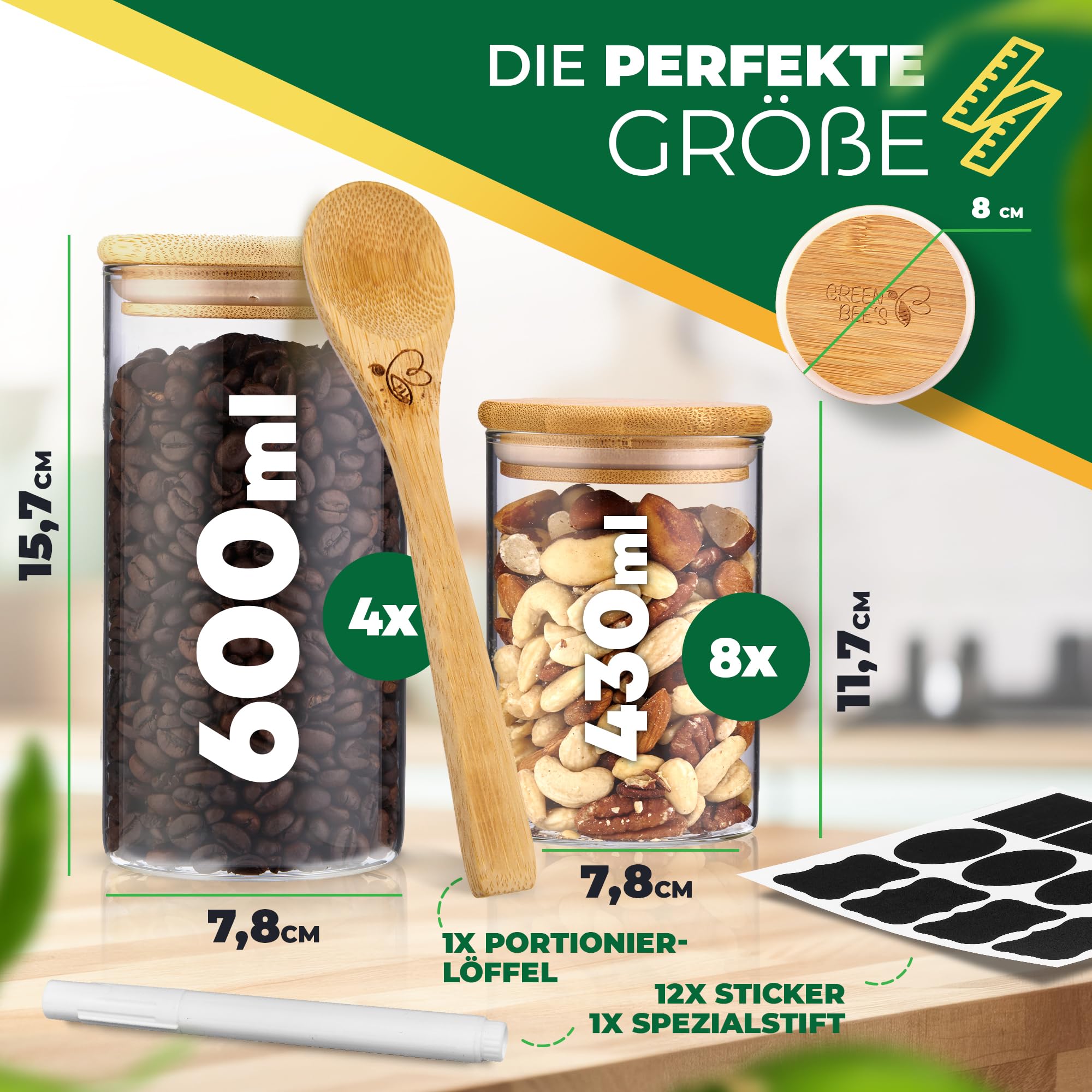 12er Set Vorratsglas klein - 4x600ml & 8x430ml - Passgenau für Schublade & Apothekerschrank - Nachhaltige Vorratsgläser mit Deckel luftdicht - Für Reis, Nüsse, Samen und Gewürze