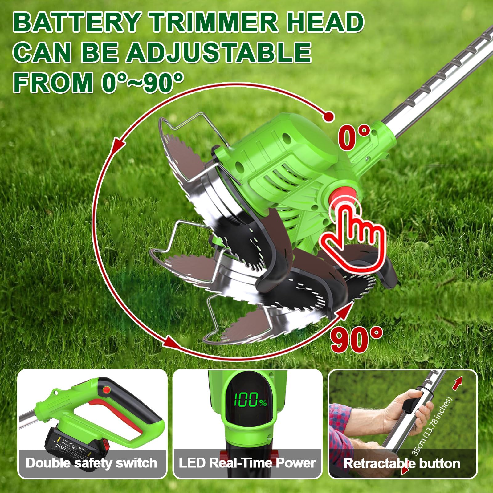 Desbrozadora Bateria 21V Desbrozadora Electrica con 2 4.0Ah Baterías y 4 Cuchillas, Cortabordes Bateria 4 en 1 con Mango Retráctil y Rotación de Cabezal de 90° para Césped Jardín Poda,Green