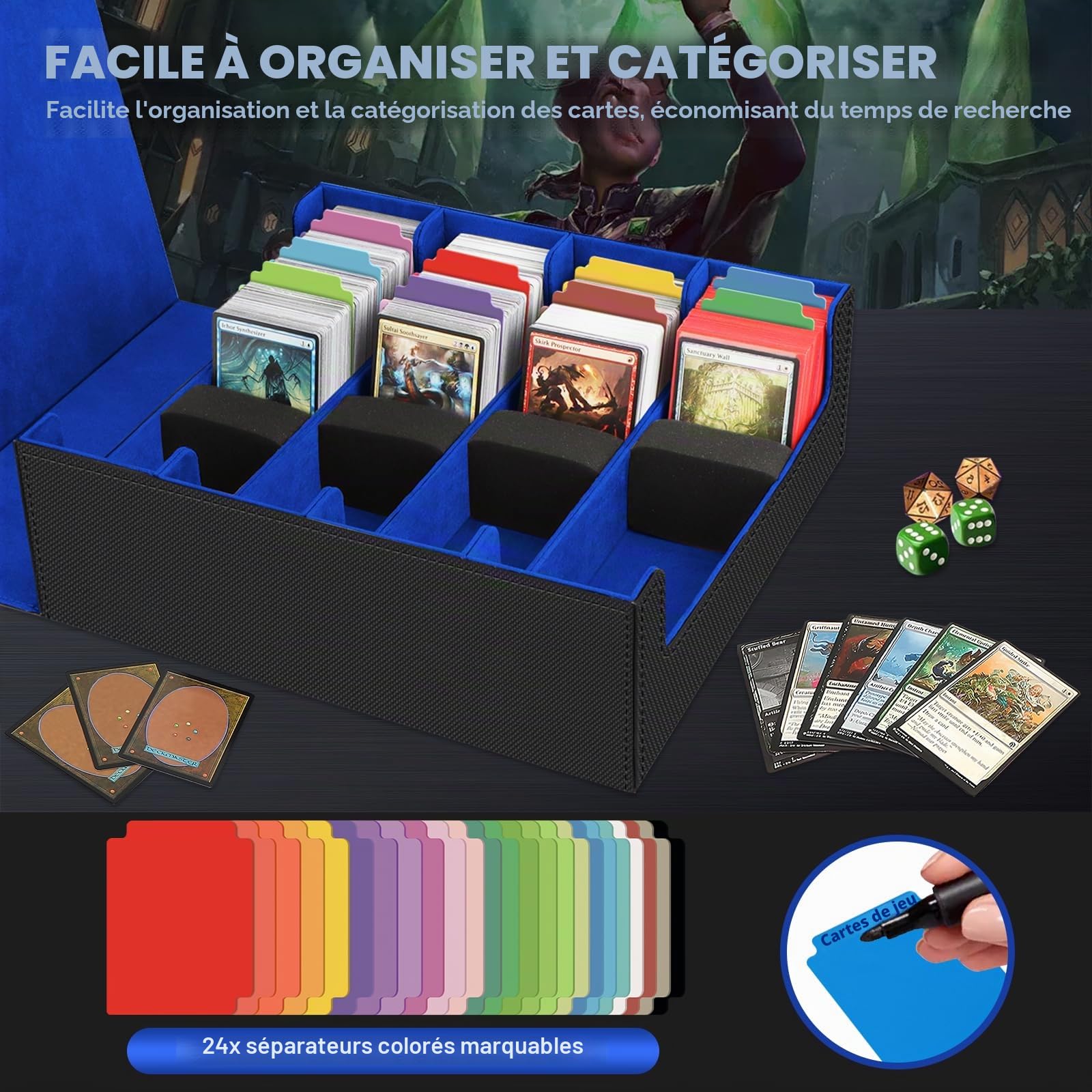 Boîte à Cartes pour Plus de 3200 Cartes, Boîtes de Rangement pour Cartes à Collectionner Avec 24 Séparateurs et 4 Mousse, Boîtes Magnétiques de Qualité Supérieure, pour Magic the Gathering(Noir Bleu)