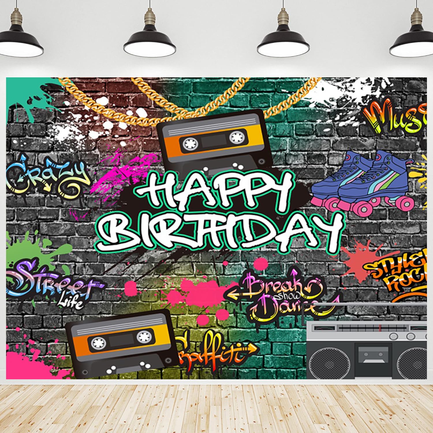 CRTPOD Happy Birthday Decorations Backdrop Graffiti Brick Retro Radio Hip Pop Roller Skate Birthday Photography Background for 80s 90s Theme Birthday