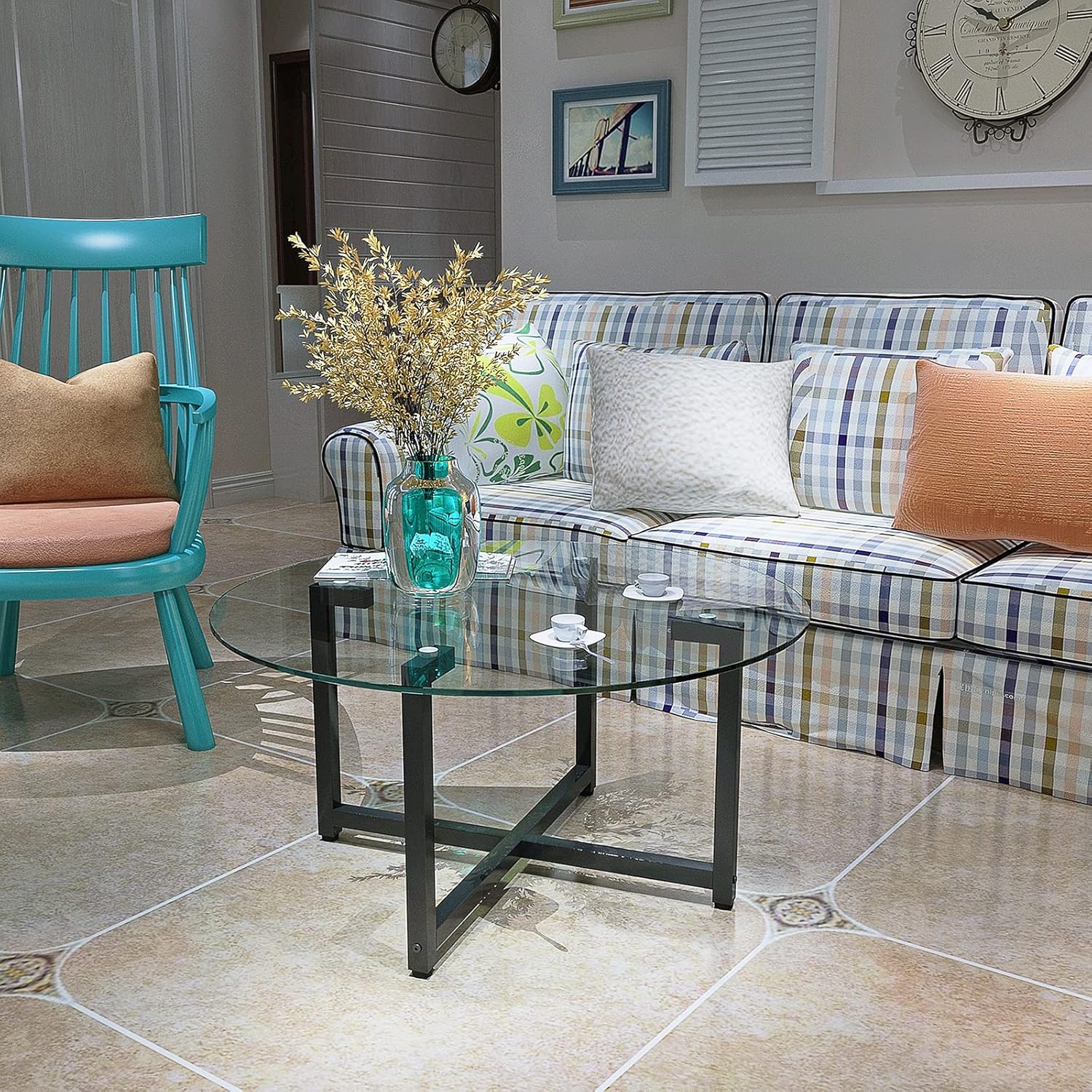 Round Glass Coffee Table, Modern Side Center Tables for Living Room with metal legs (Transparent)