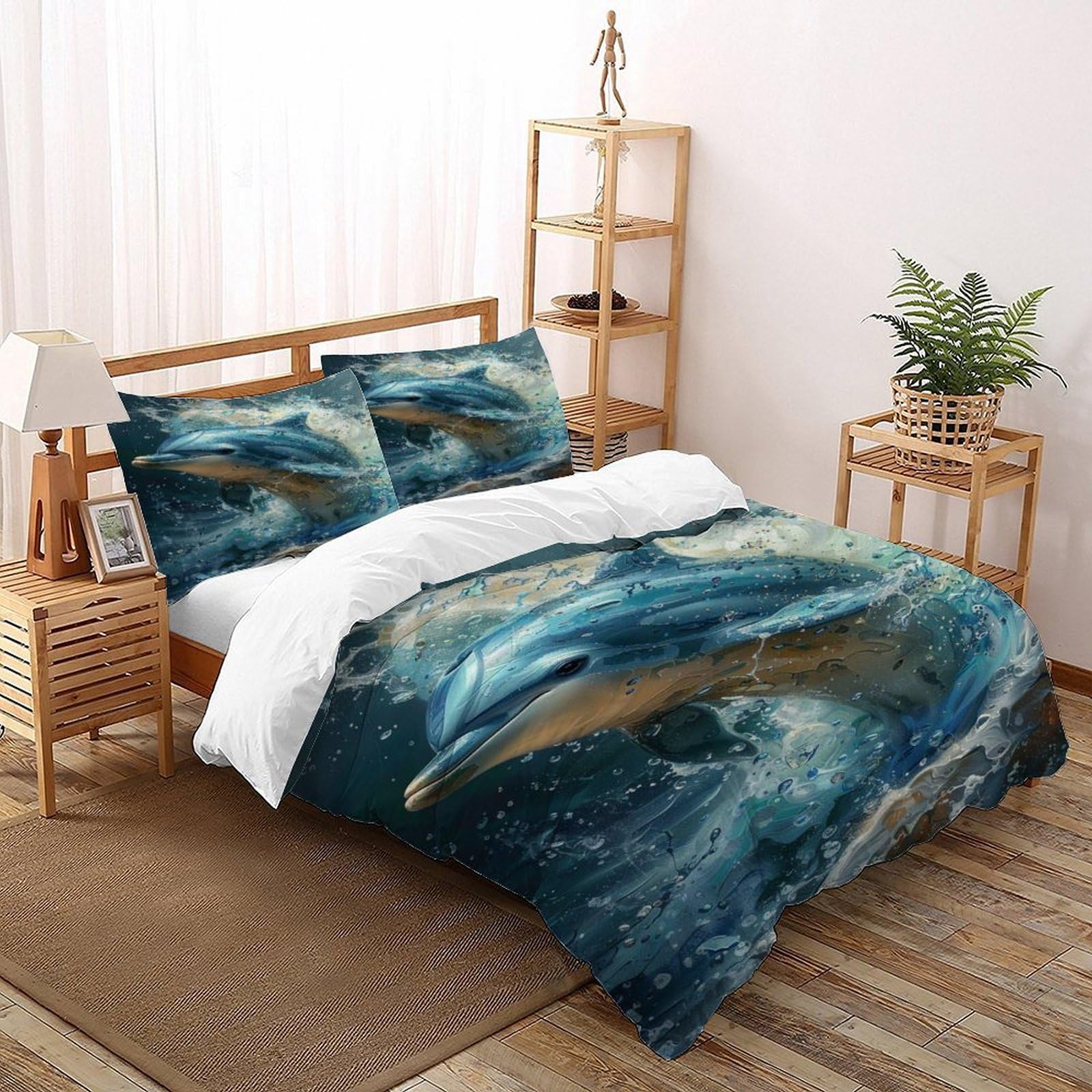 Housse de couette 200x200cm marine animaux 3D en microfibre avec deux taies d'oreiller