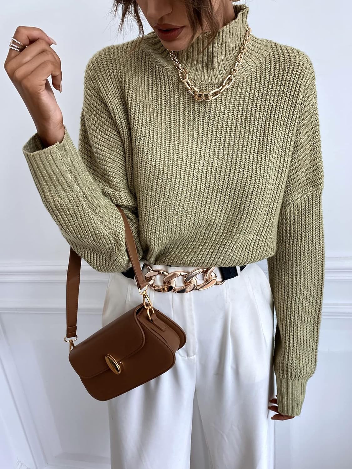 WDIRARA Women's Mock Neck Sweaters Long Dolman Sleeve Pullover Knitted Tops - Image 4