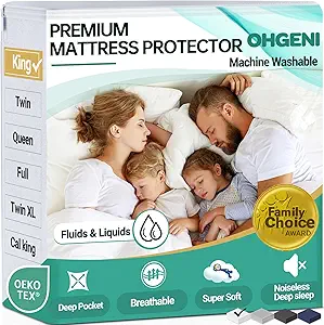 OhGeni 100% Waterproof Mattress Protector, King Size, Fitted Sheet with Deep Pockets, 6''-18'', Premium Noiseless Breathable Soft Material, Mattresses Cover for Bed