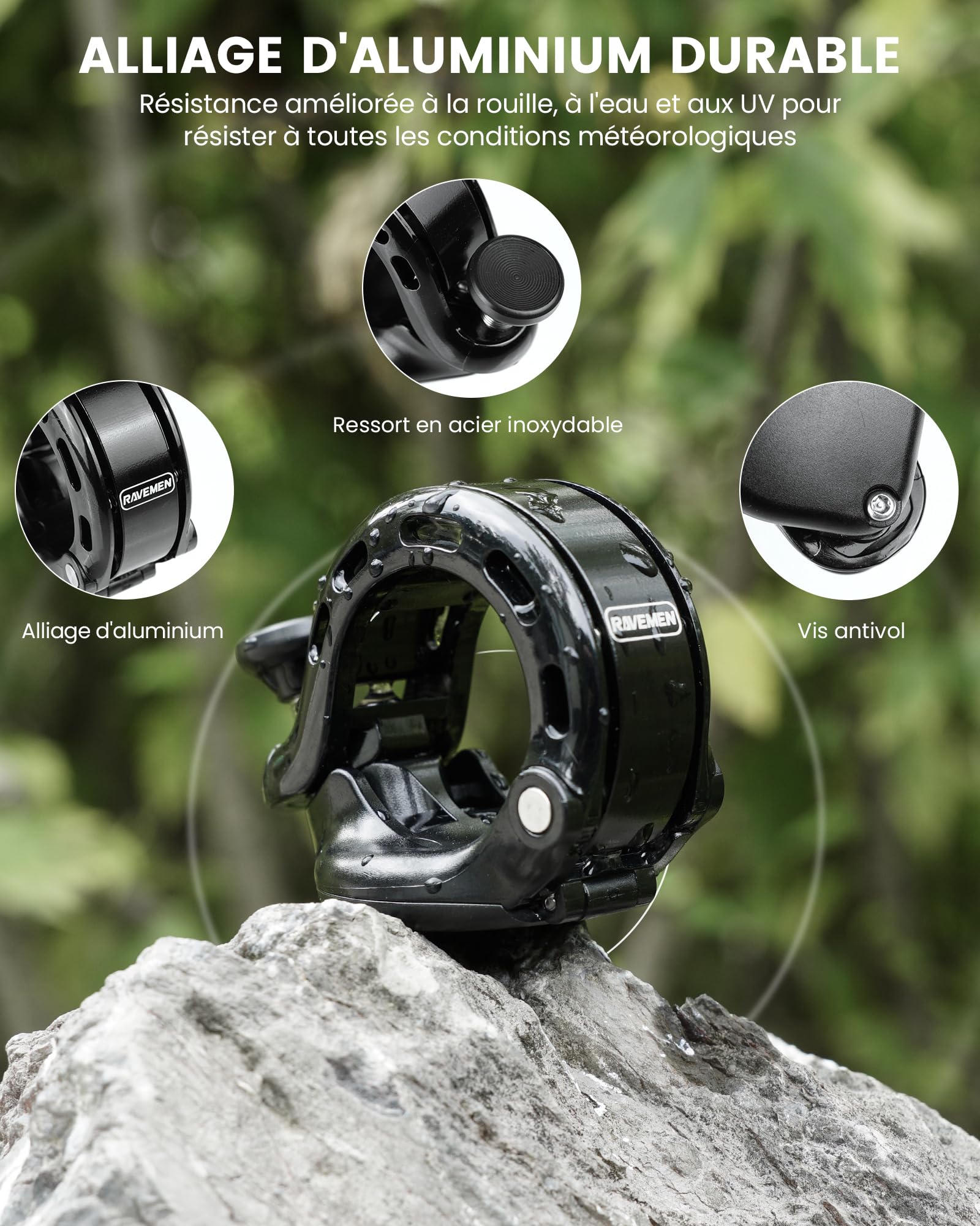 RAVEMEN Q2 Sonnette de Vélo Compatible AirTag 110 DB Antivol Support Guidon 22,2-31,8 mm