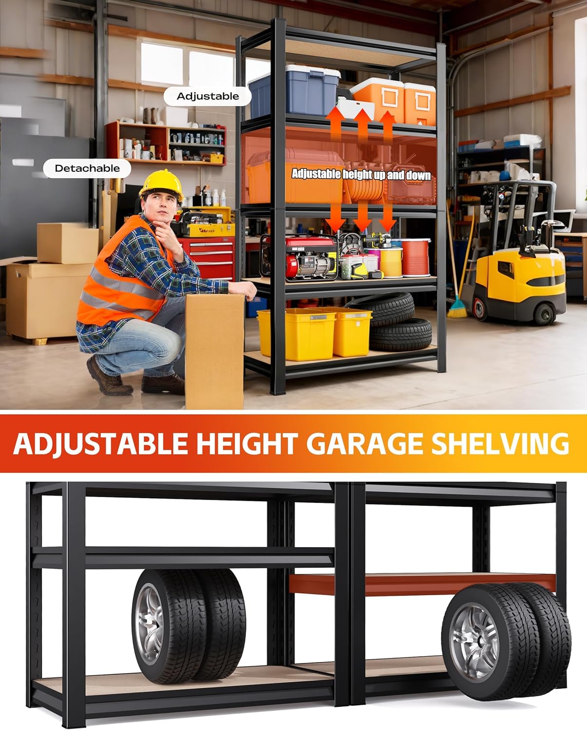 Set of 2 Heavy Duty Garage Shelving Storage Shelves, Metal Adjustable Shelving Unit, Utility Garage Organizer Shelf for Basement, Pantry, Kitchen, Warehouse, 15.7" Dx35.4 Wx71.2 H, Black