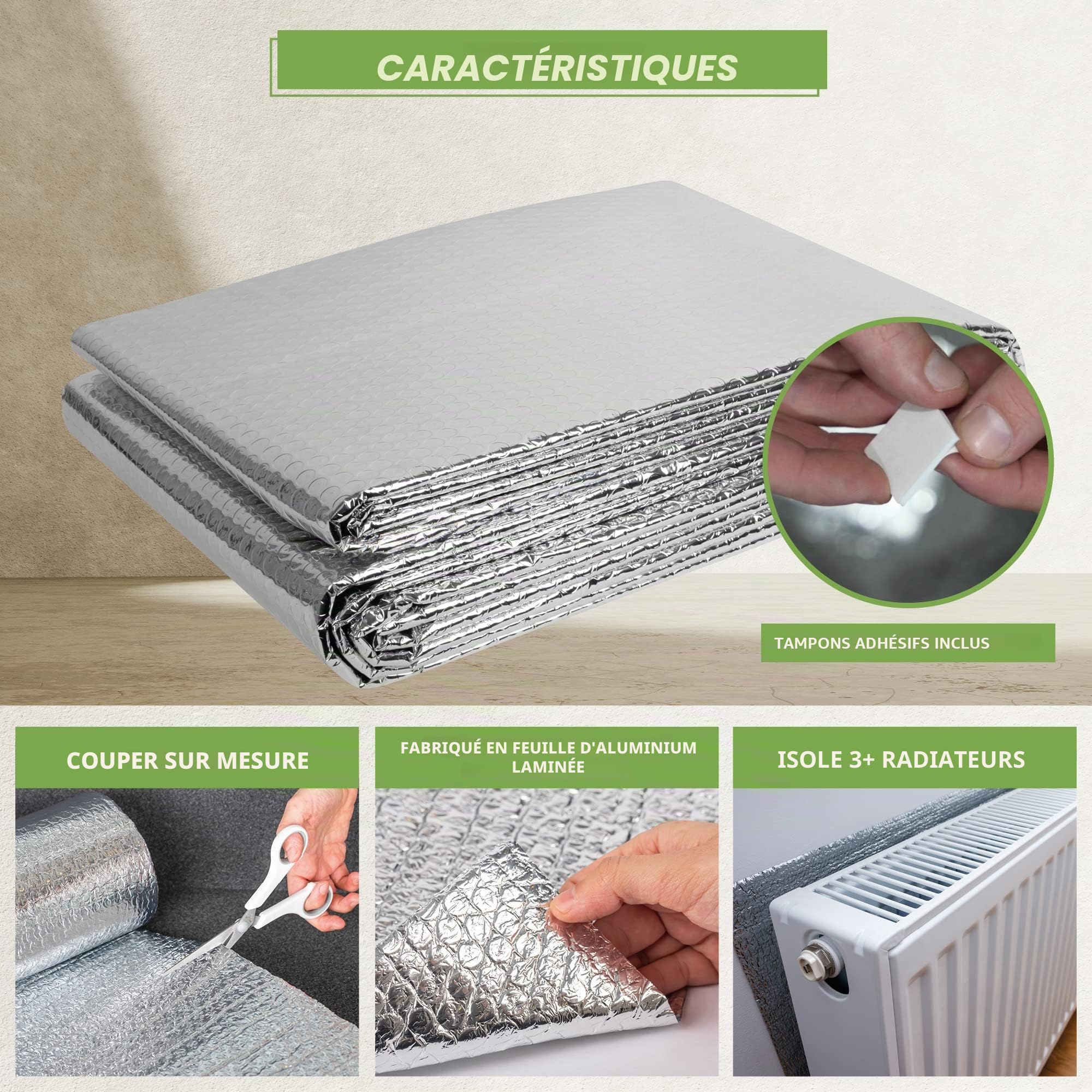 BLOSTM Lot de 2 films d'isolation pour radiateur - 5 m x 60 cm - Film isolant à bulles épais réfléchissant la chaleur - Avec coussinets adhésifs - Permet d'économiser de l'énergie et de l'argent -