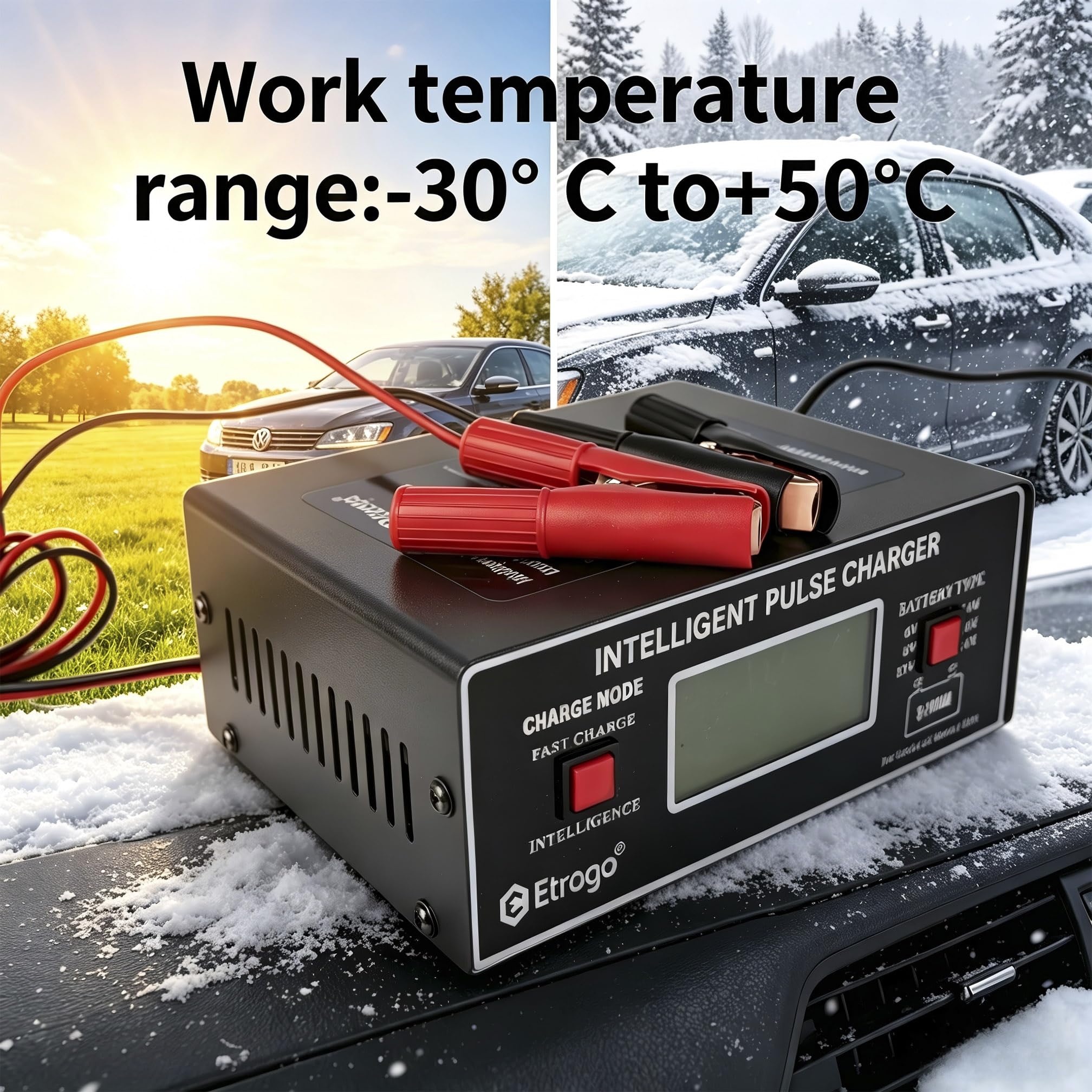 Etrogo Ładowarka do akumulatora samochodowego, inteligentna ładowarka pulsacyjna 6 V/8 V/12 V/14 V/16 V/24 V 250 W 10 A z automatycznym wykrywaniem, naprawą, funkcją konserwacji