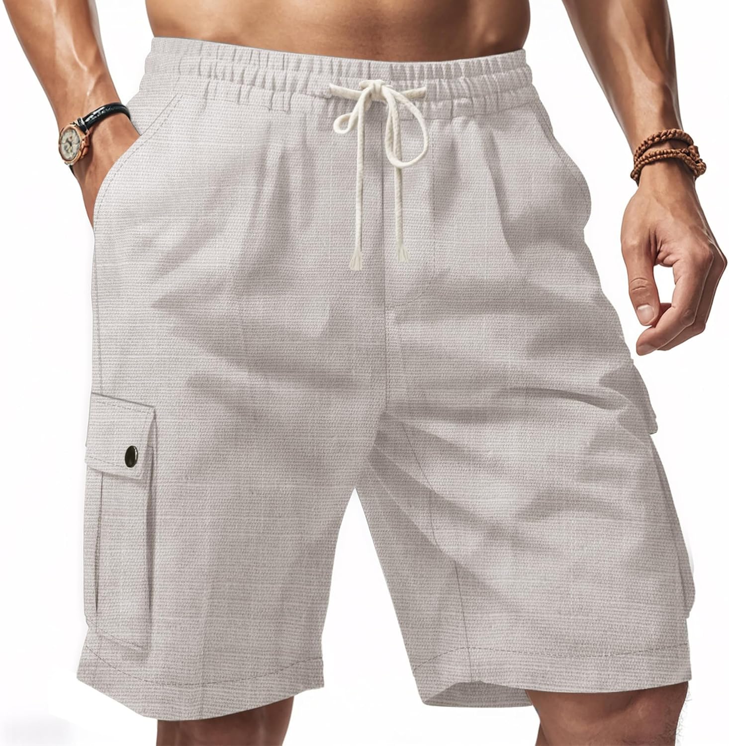 Mens Casual Linen Cargo Shorts Summer Fashion Solid Color Drawstring Elastic Waisted Beach Shorts Pockets