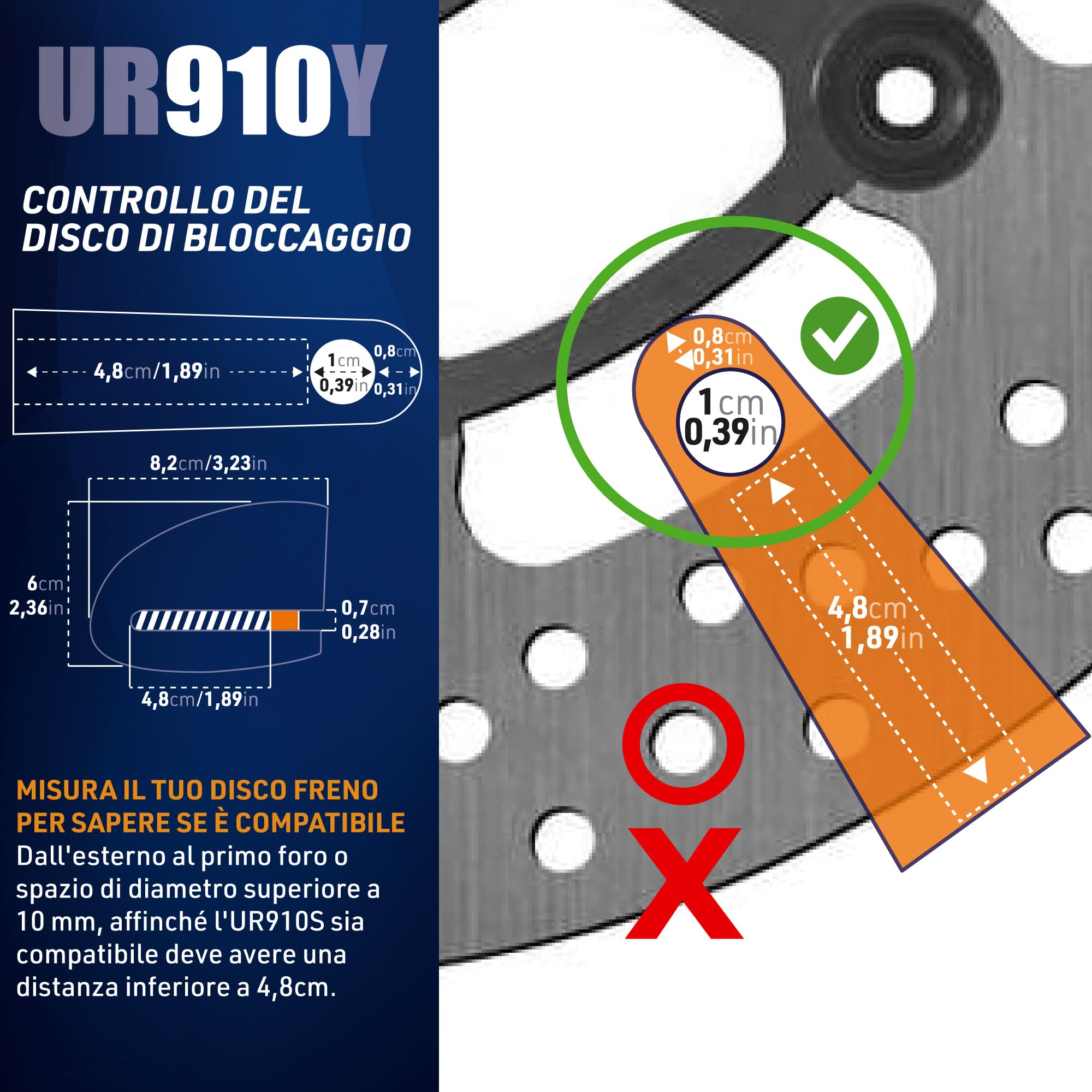 URBAN UR910Y Bloccadisco Moto con Allarme 120 dB, Giallo+Nero in Acciaio Inox Verniciato +Dissuasivo, Omologato SRA e Sold Secure Gold, Doppia Chiusura Ø10 mm, Lucchetto Antifurto Blocca Disco Moto