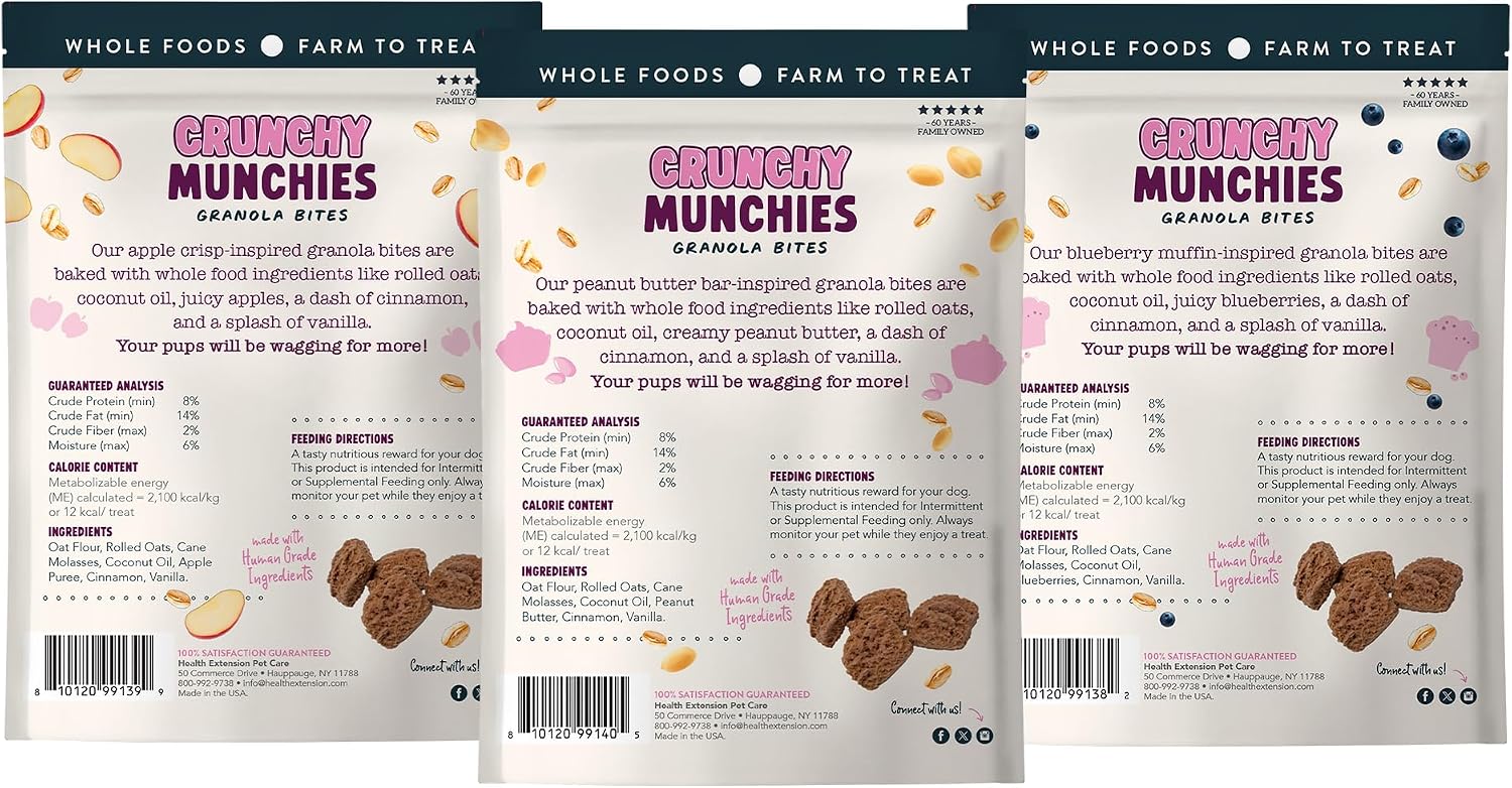Health Extension Crunchy Munchies Granola Bites Variety Pack – 5oz (142g) Each – Blueberry Ruffin, Appley Crisp & Peanutty Squares Flavors – Natural Dog Treats with Rolled Oats & Coconut Oil